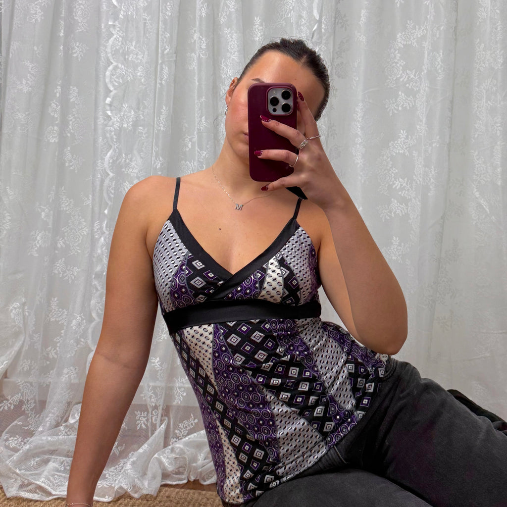 Black and purple patterned cami top with tie back detail