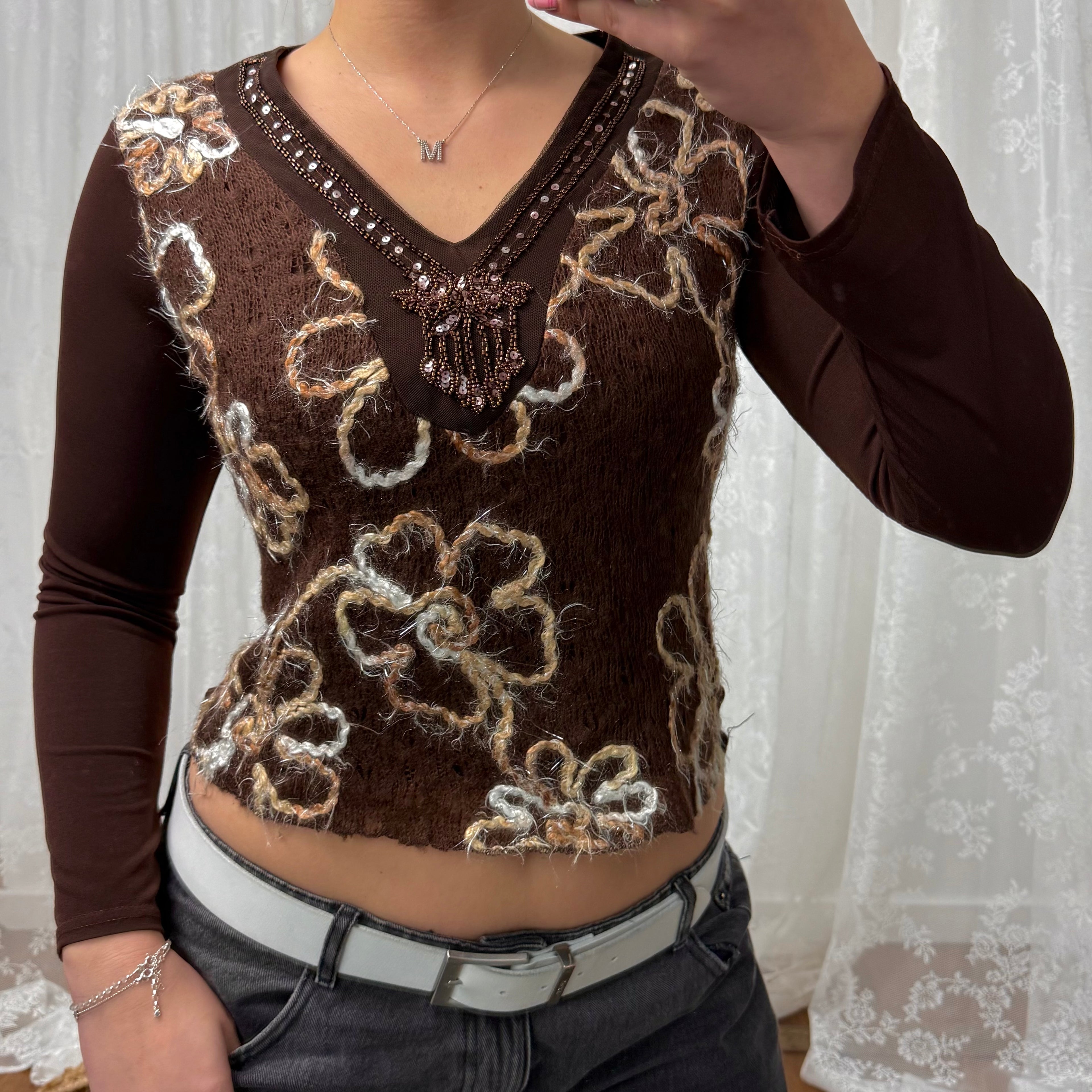 Brown patterned sequin long sleeved top