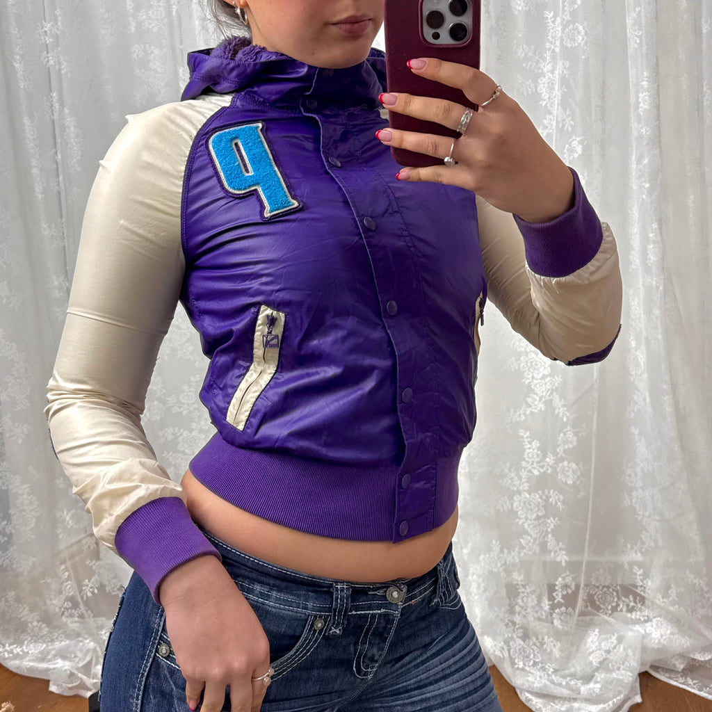 Purple and cream shiny bomber jacket