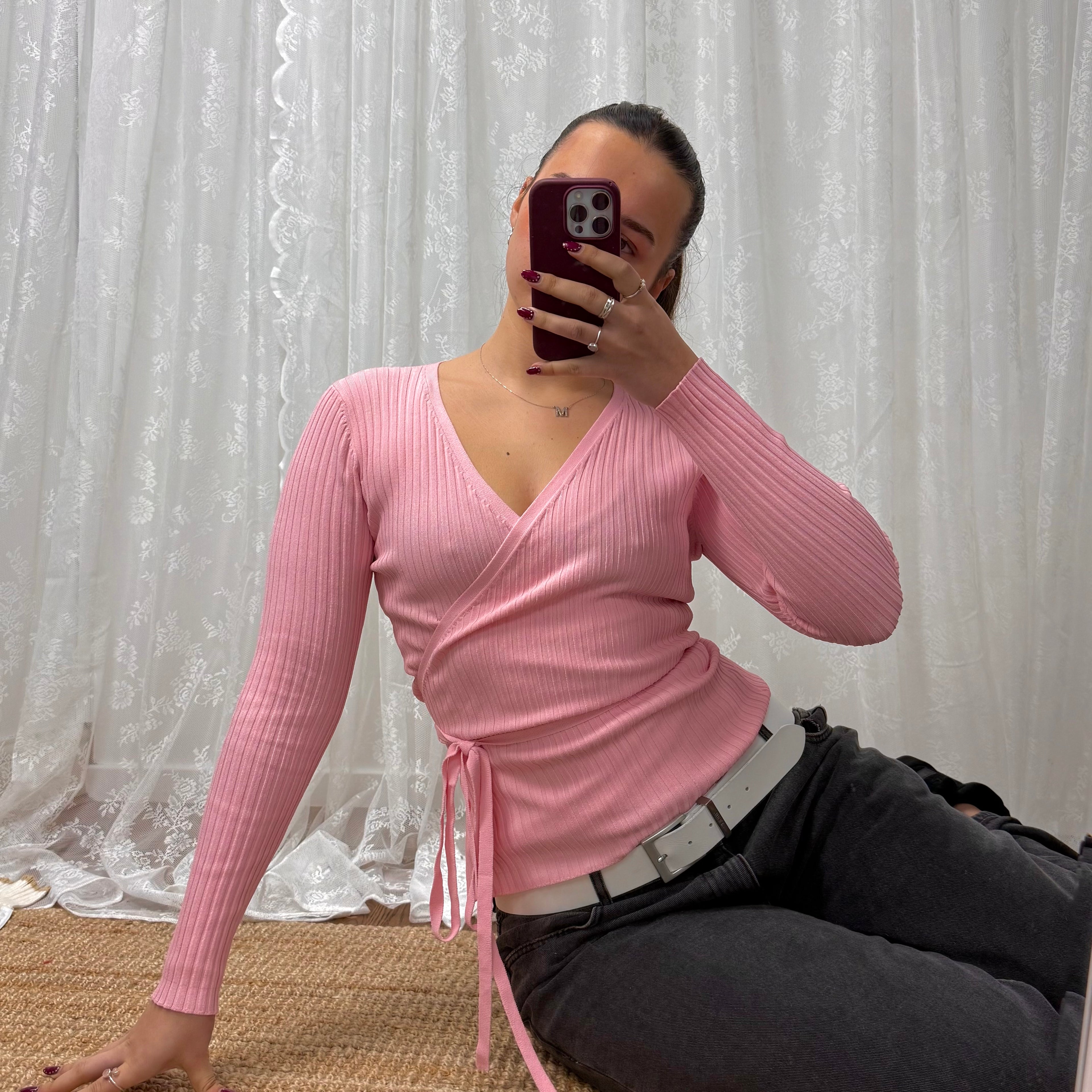 Baby pink ribbed vintage wrap top/cardigan