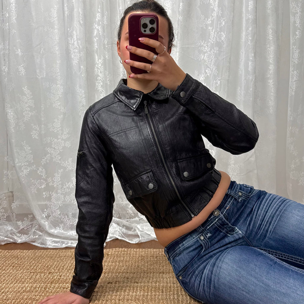 Black shiny leather bomber jacket