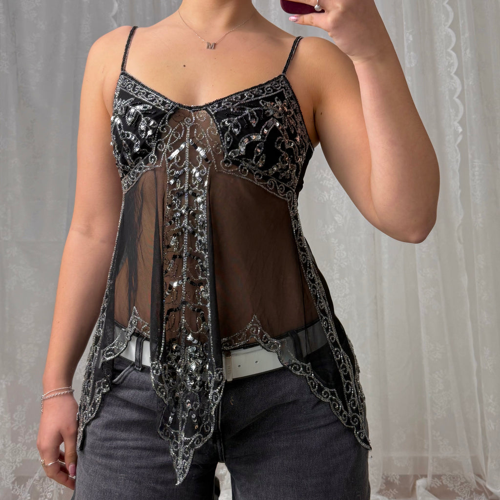 Black sequin mesh floaty cami top