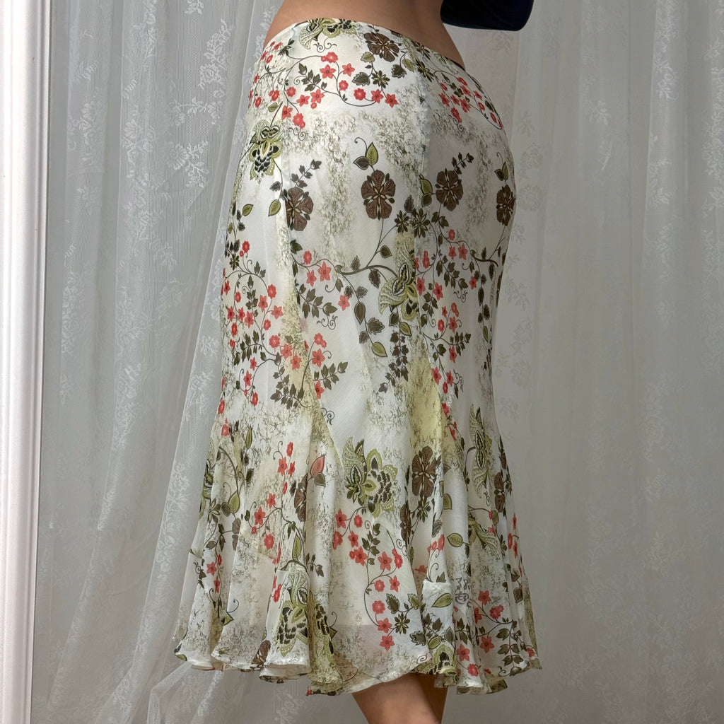 Green and white patterned mesh midi skirt