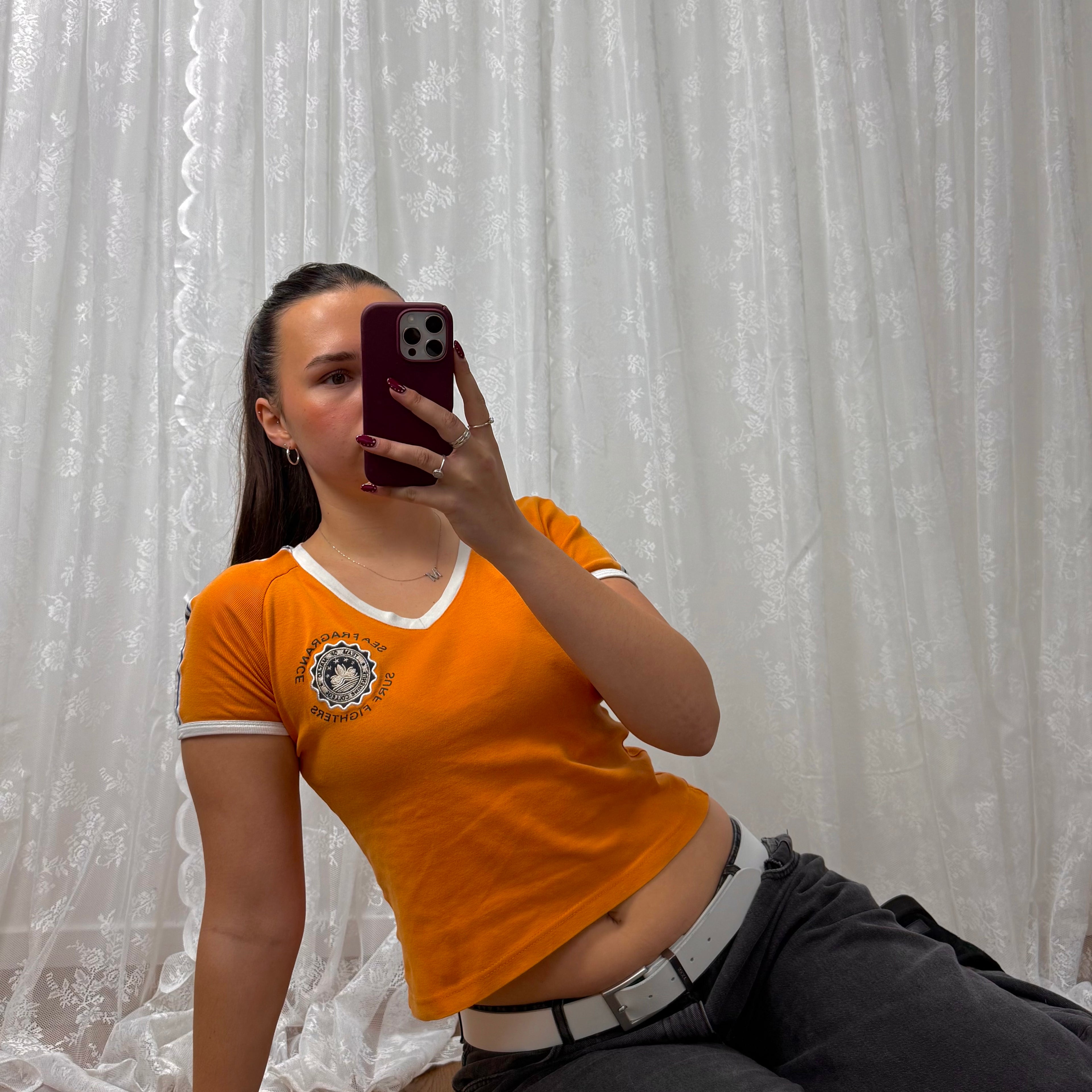 Orange and white v neck baby tee