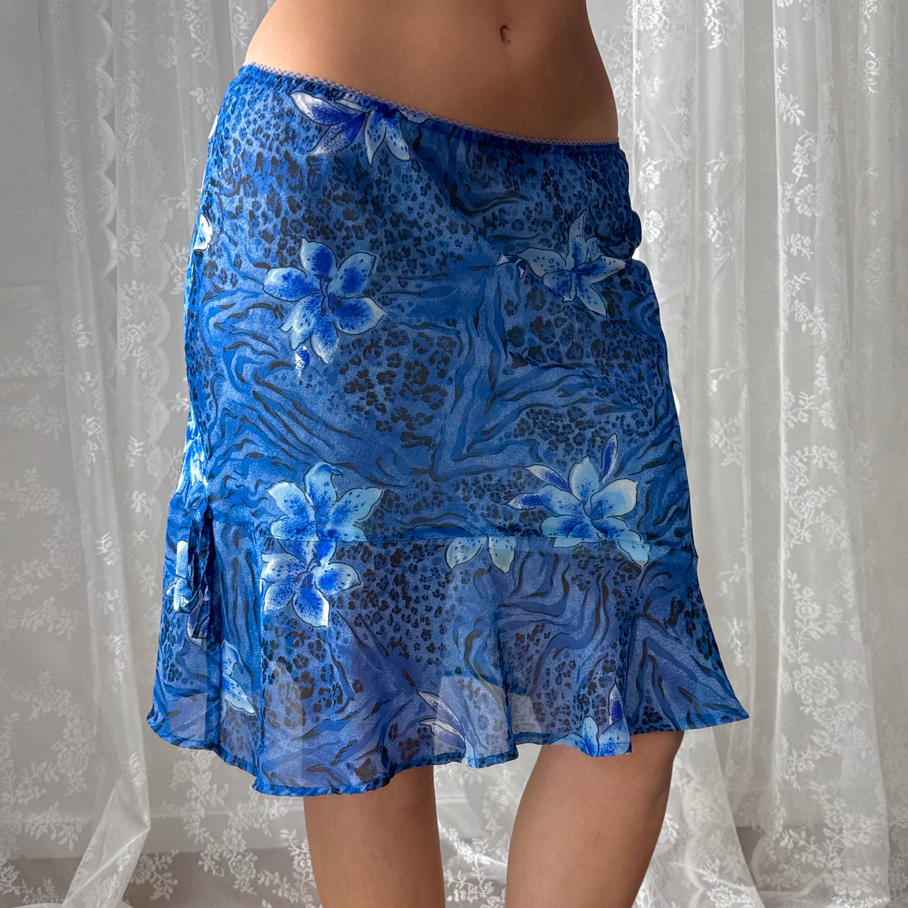 Blue floral mesh midi skirt with tie detailing