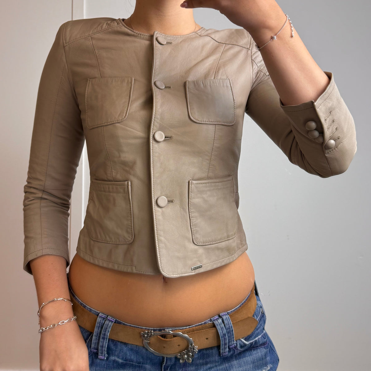 Beige leather button up jacket