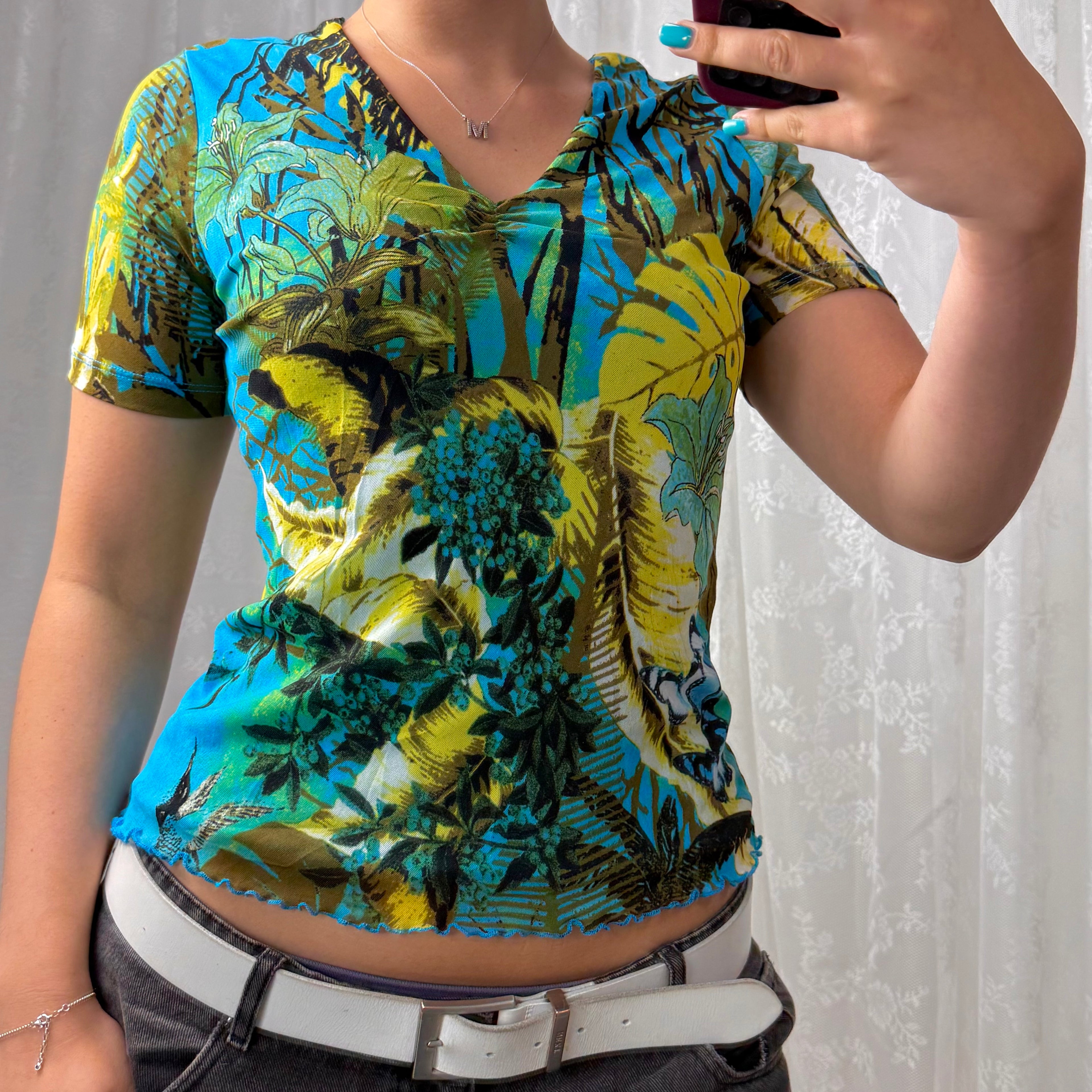 Blue mesh patterned top