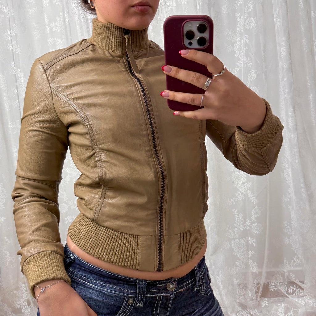 Beige leather bomber jacket