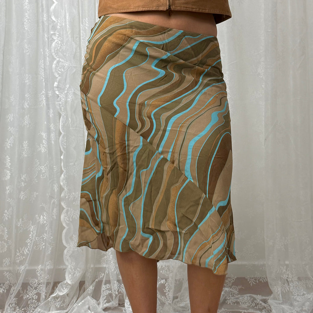 Beige and blue patterned midi skirt