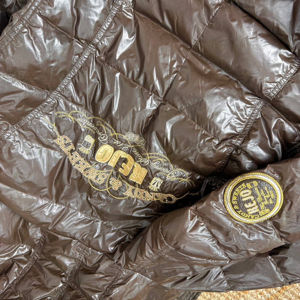 Brown shiny puffer jacket with gold embroidery