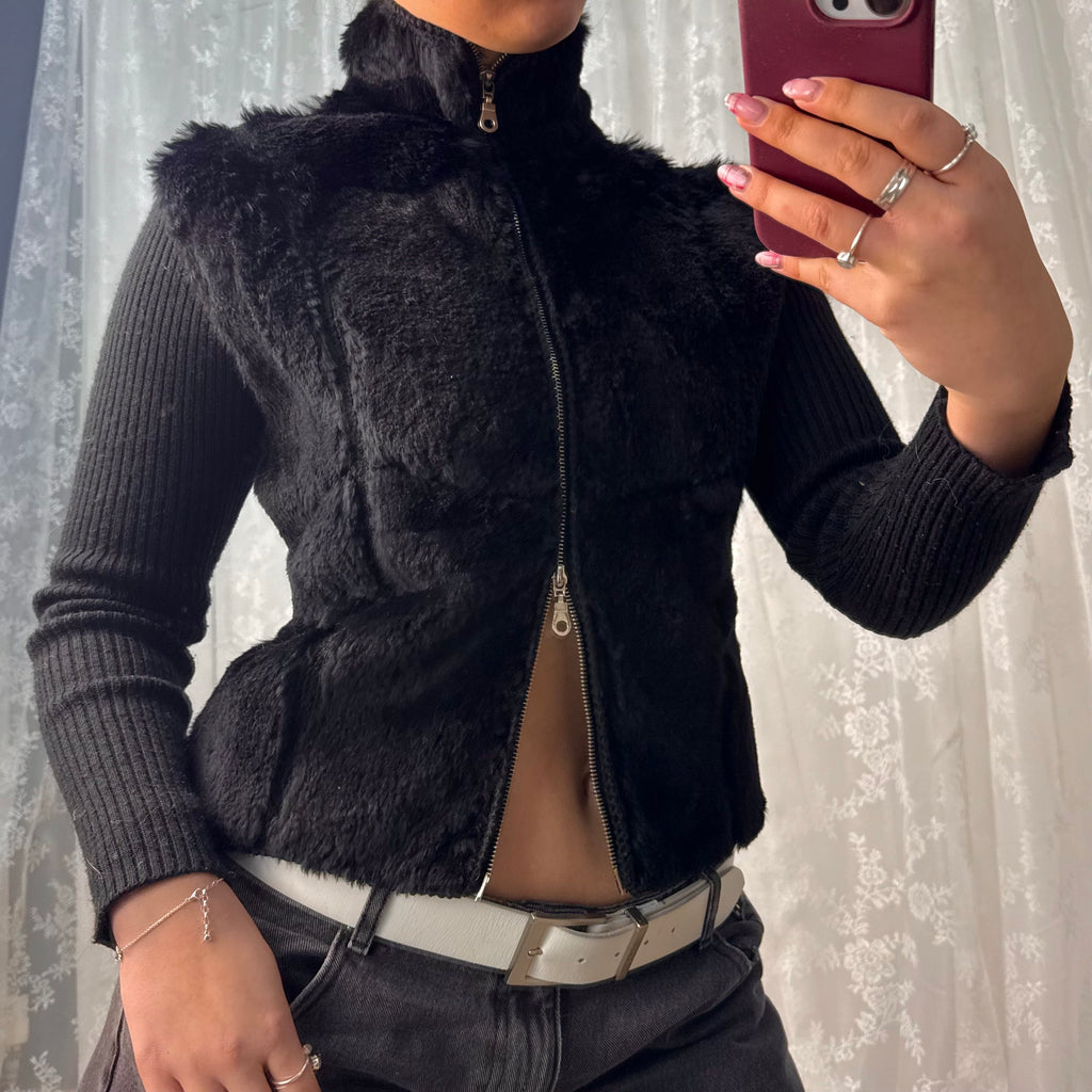 Black fur double zip sweater