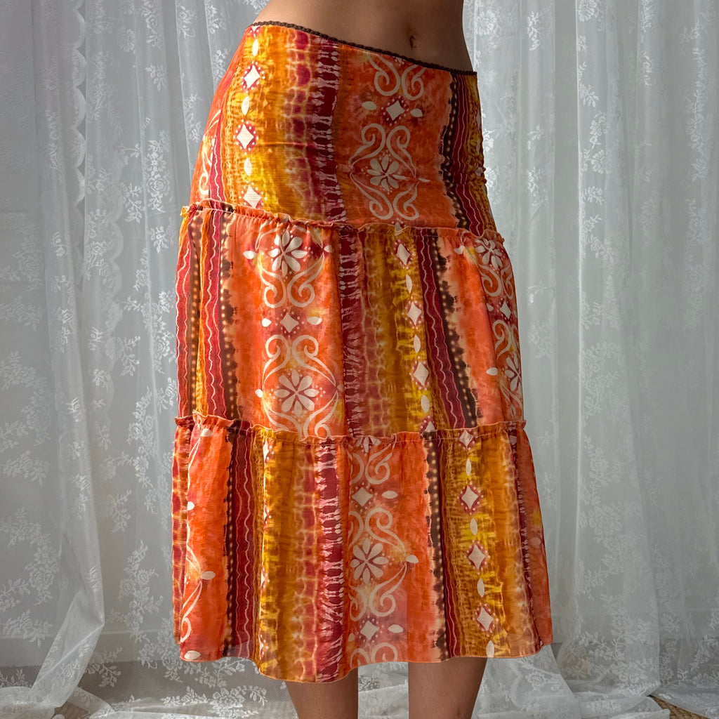 Orange and pink mesh midi skirt
