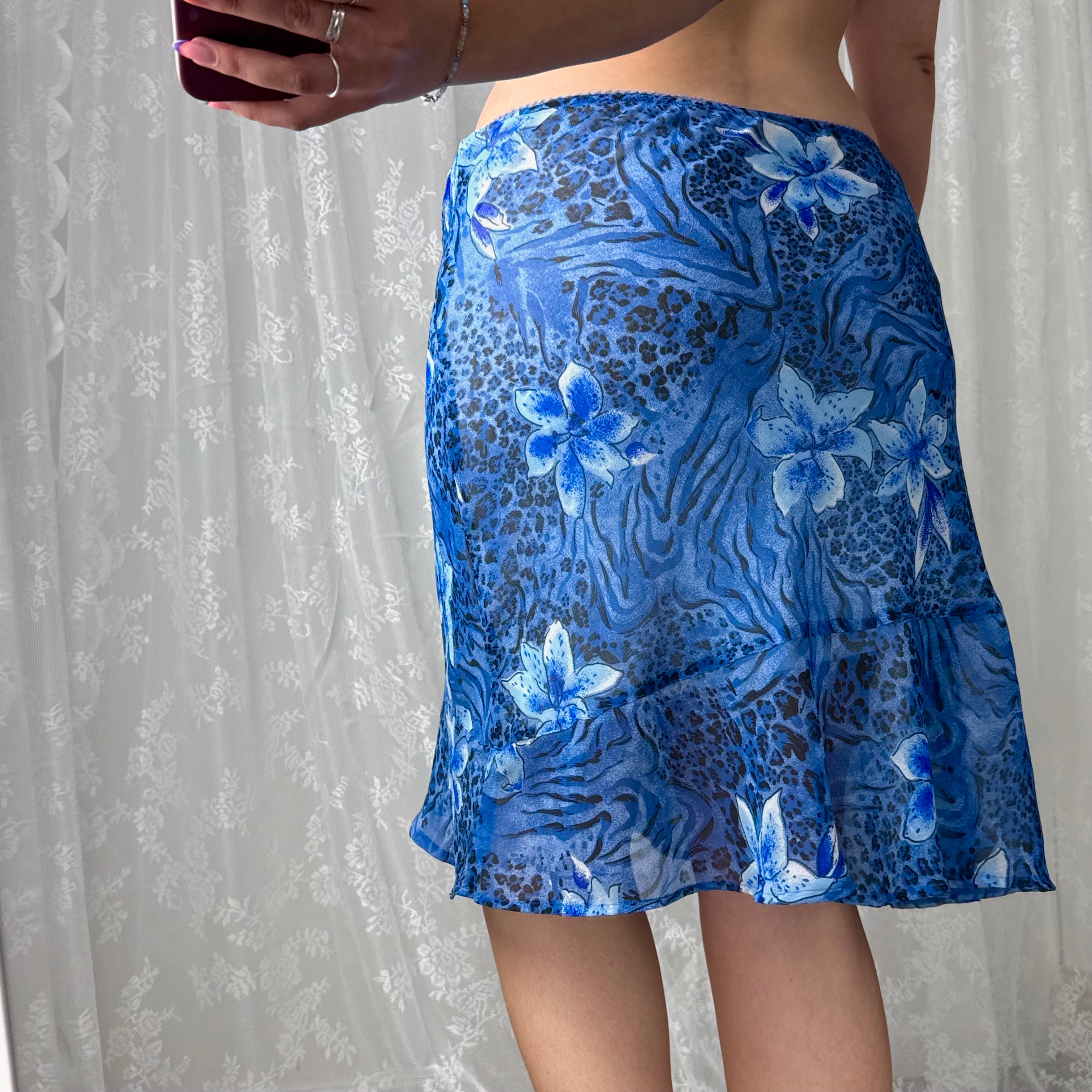 Blue floral mesh midi skirt with tie detailing