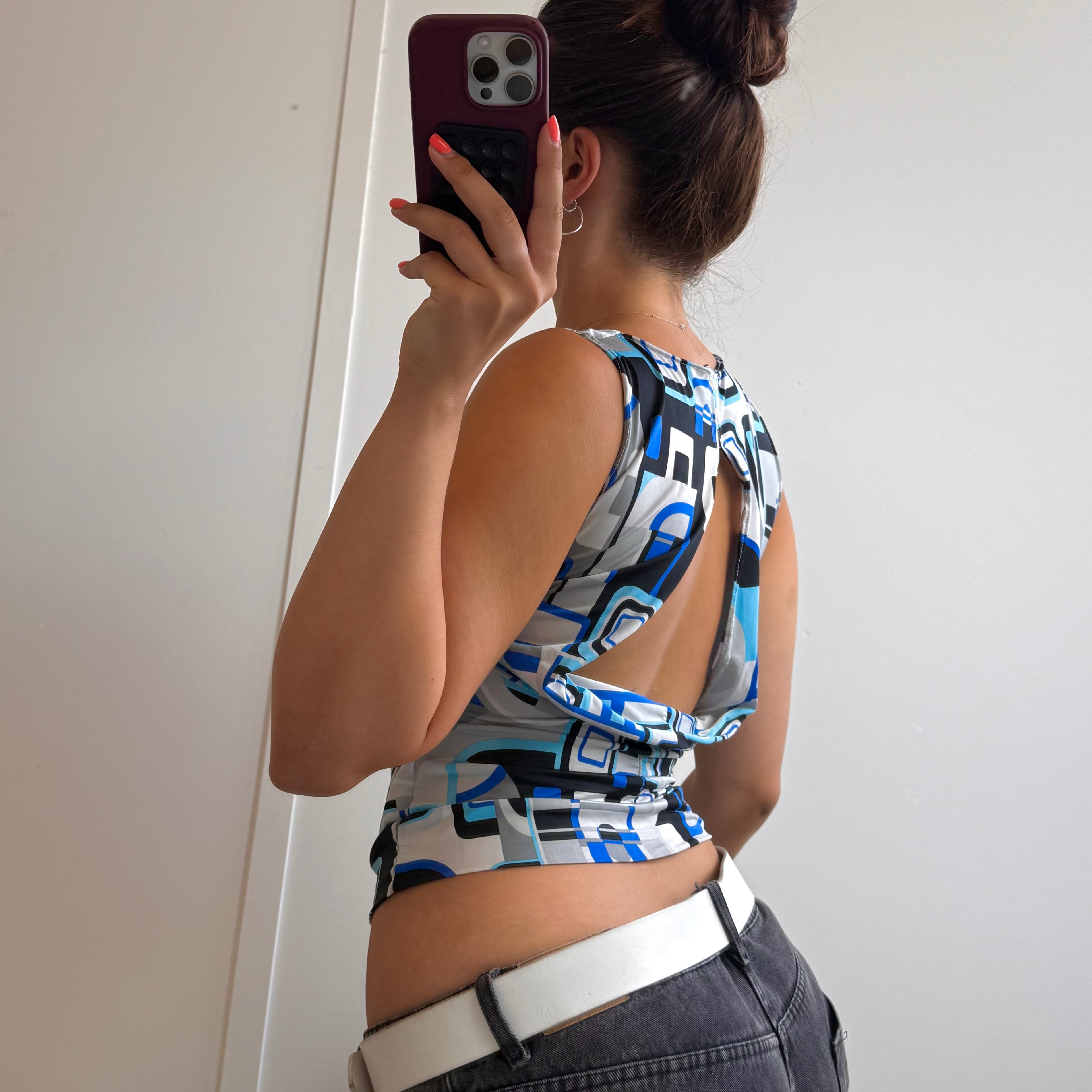 Blue patterned slinky layered cowl neck top
