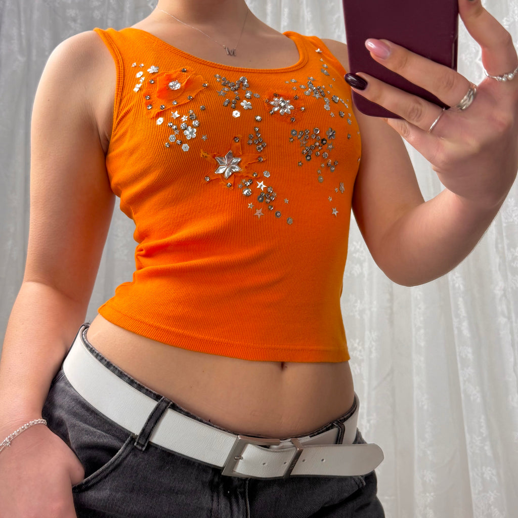 Orange rubbed and gem vest top