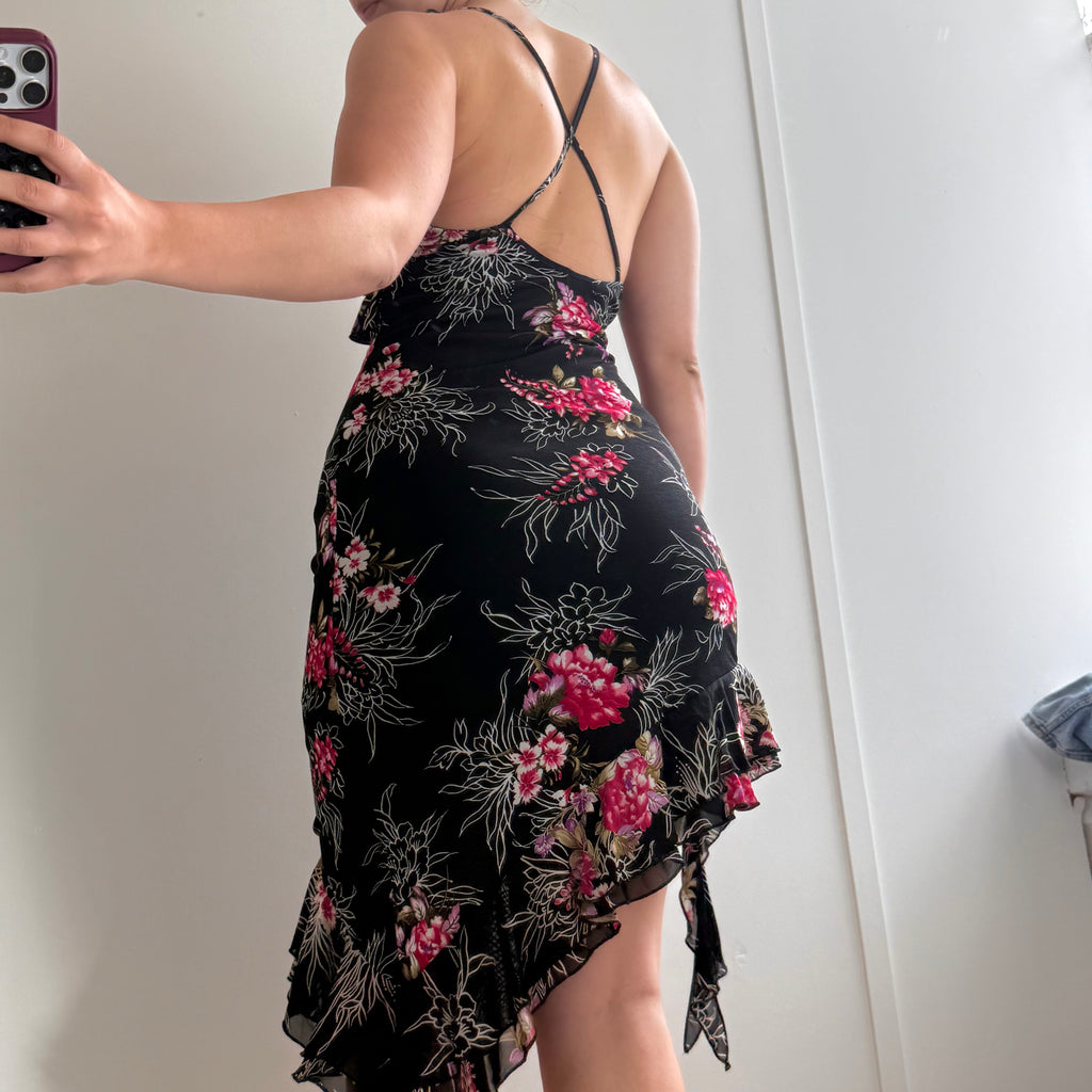 Black and pink floral mesh asymmetrical dress