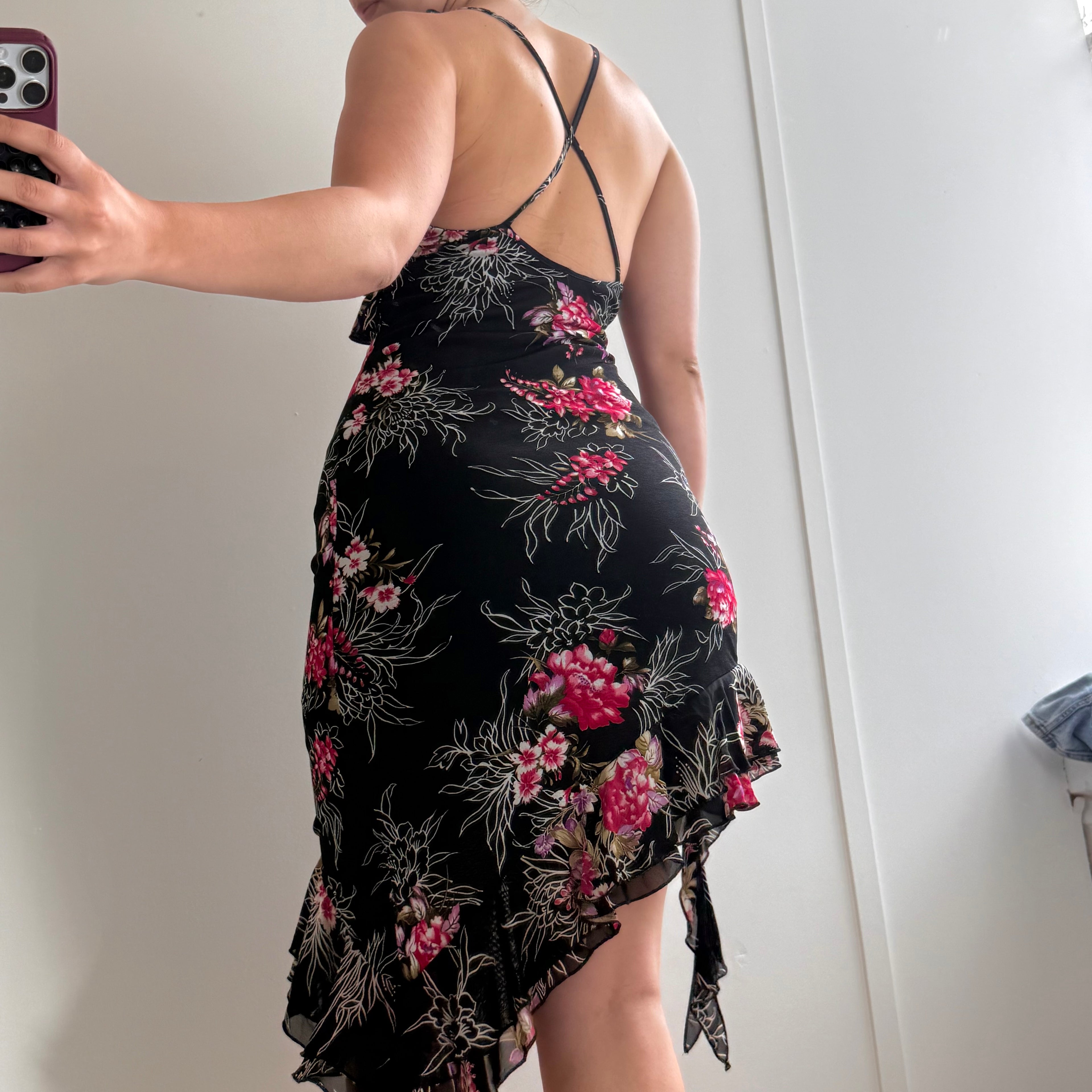 Black and pink floral mesh asymmetrical dress