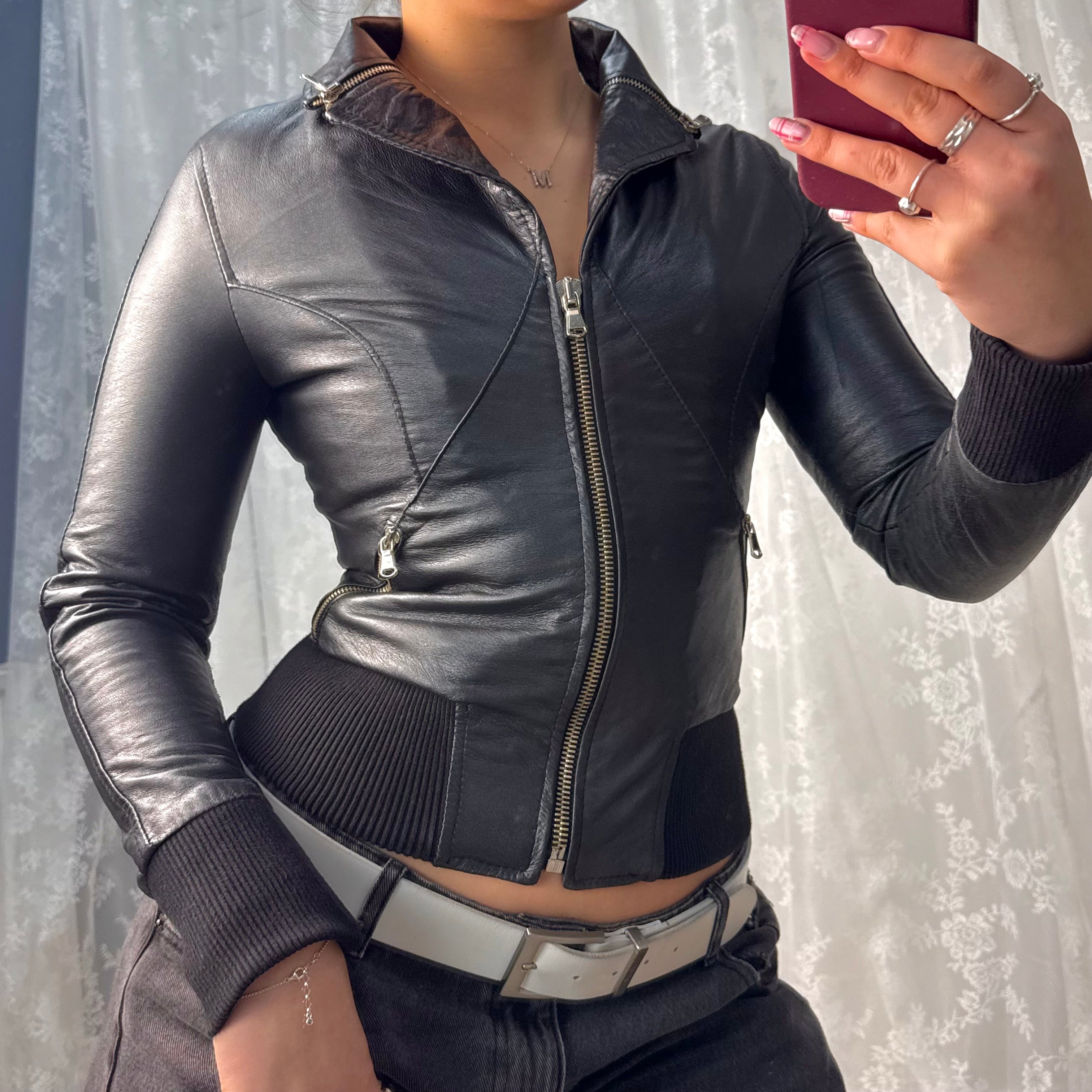 Black leather bomber jacket with zip detailing