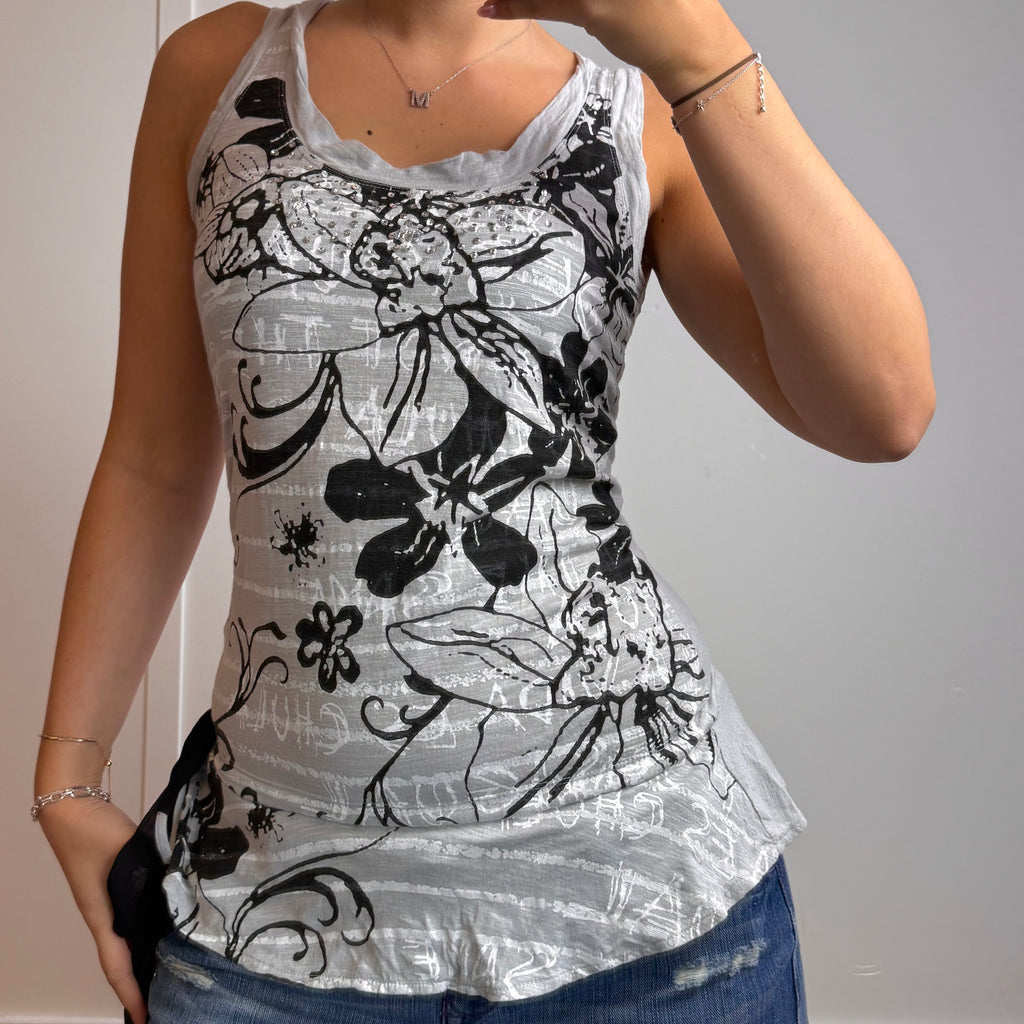 Black and grey patterned frill tank top