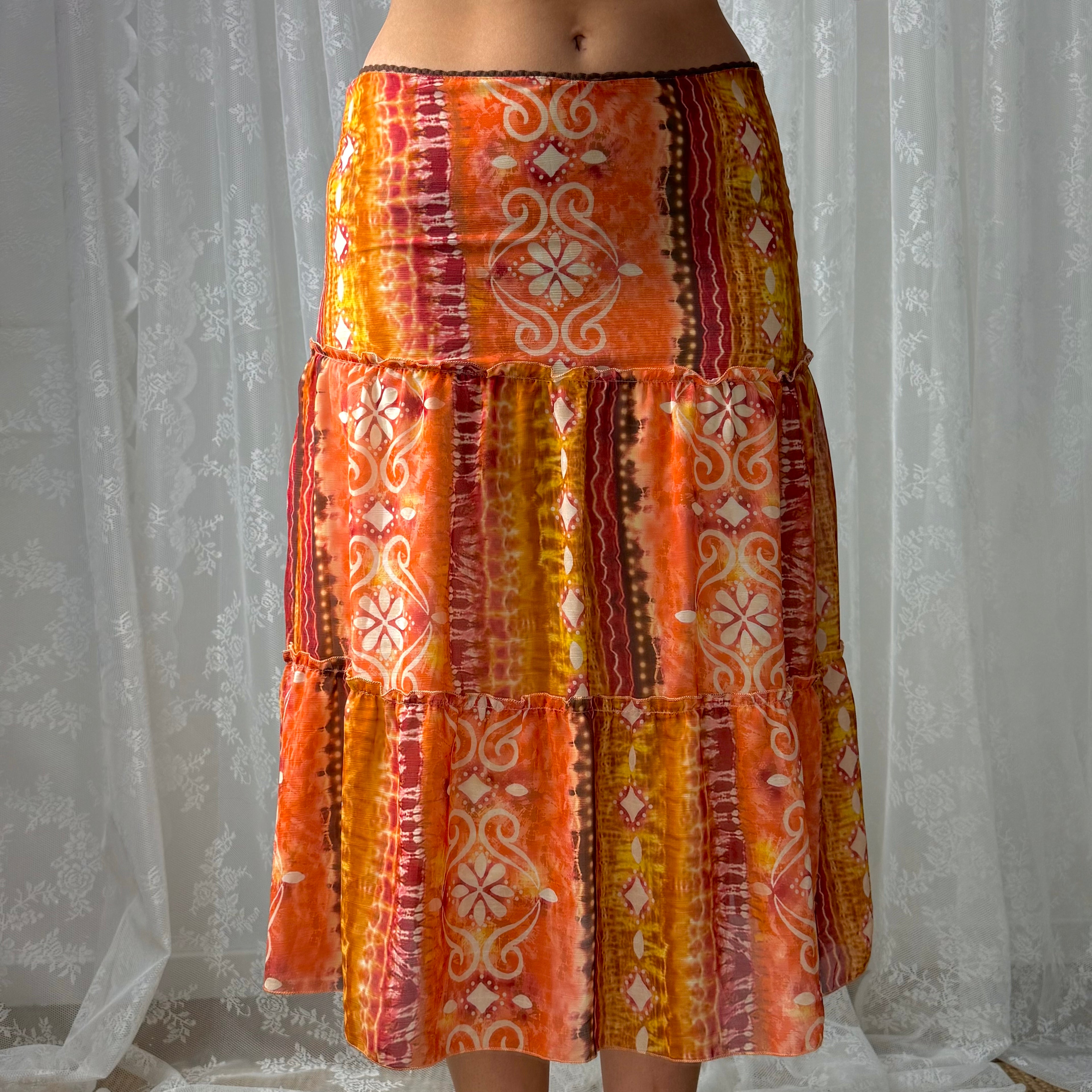 Orange and pink mesh midi skirt