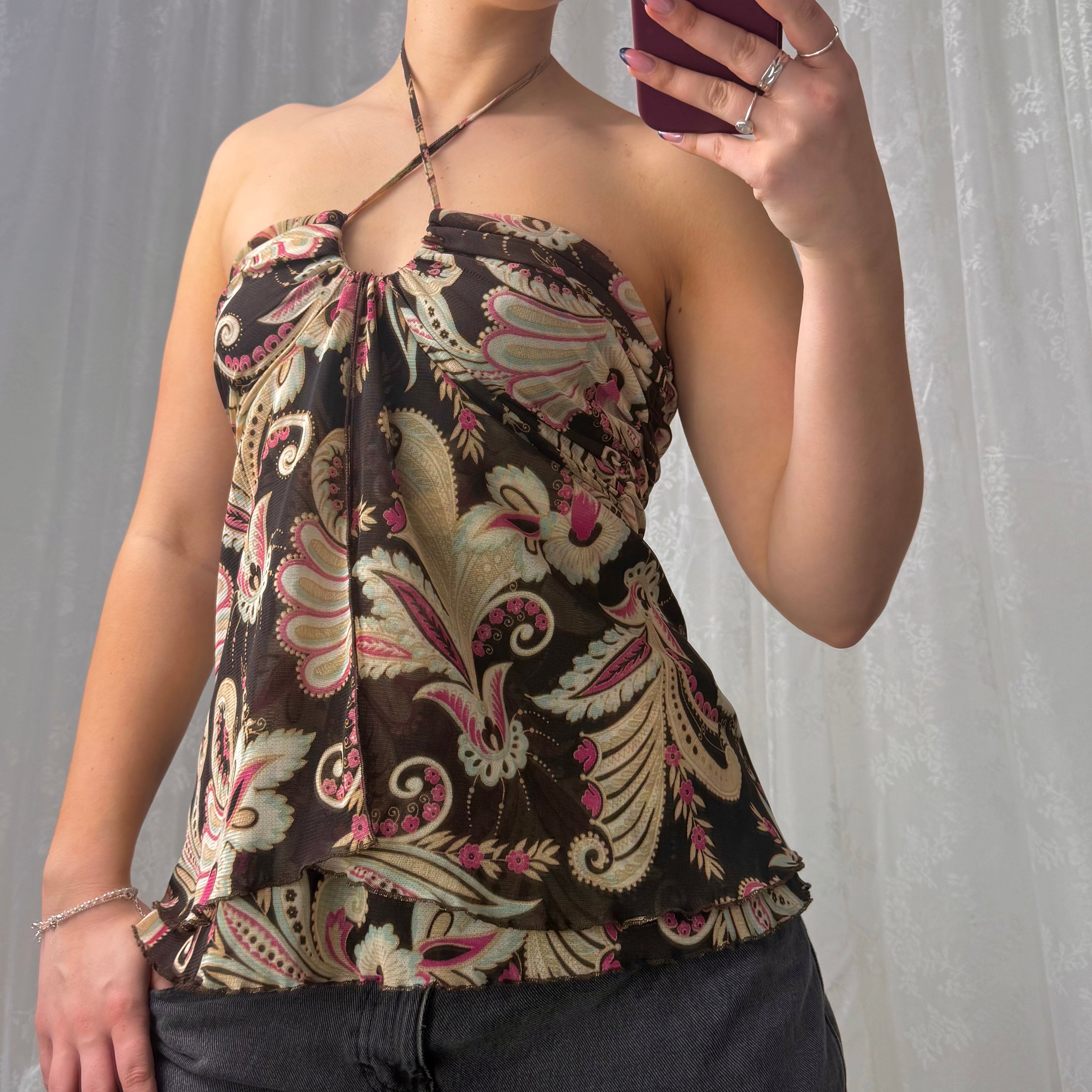 Brown floaty patterned halterneck top