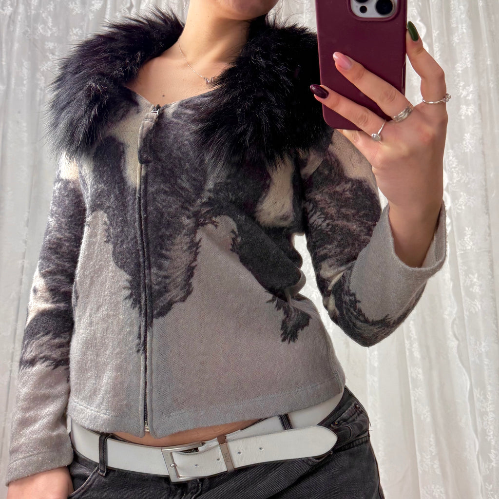 Grey and black collared zip up cardigan