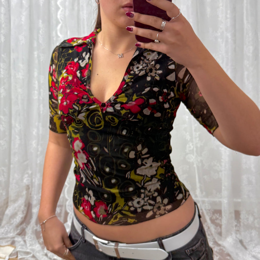 Black floral mesh collared top