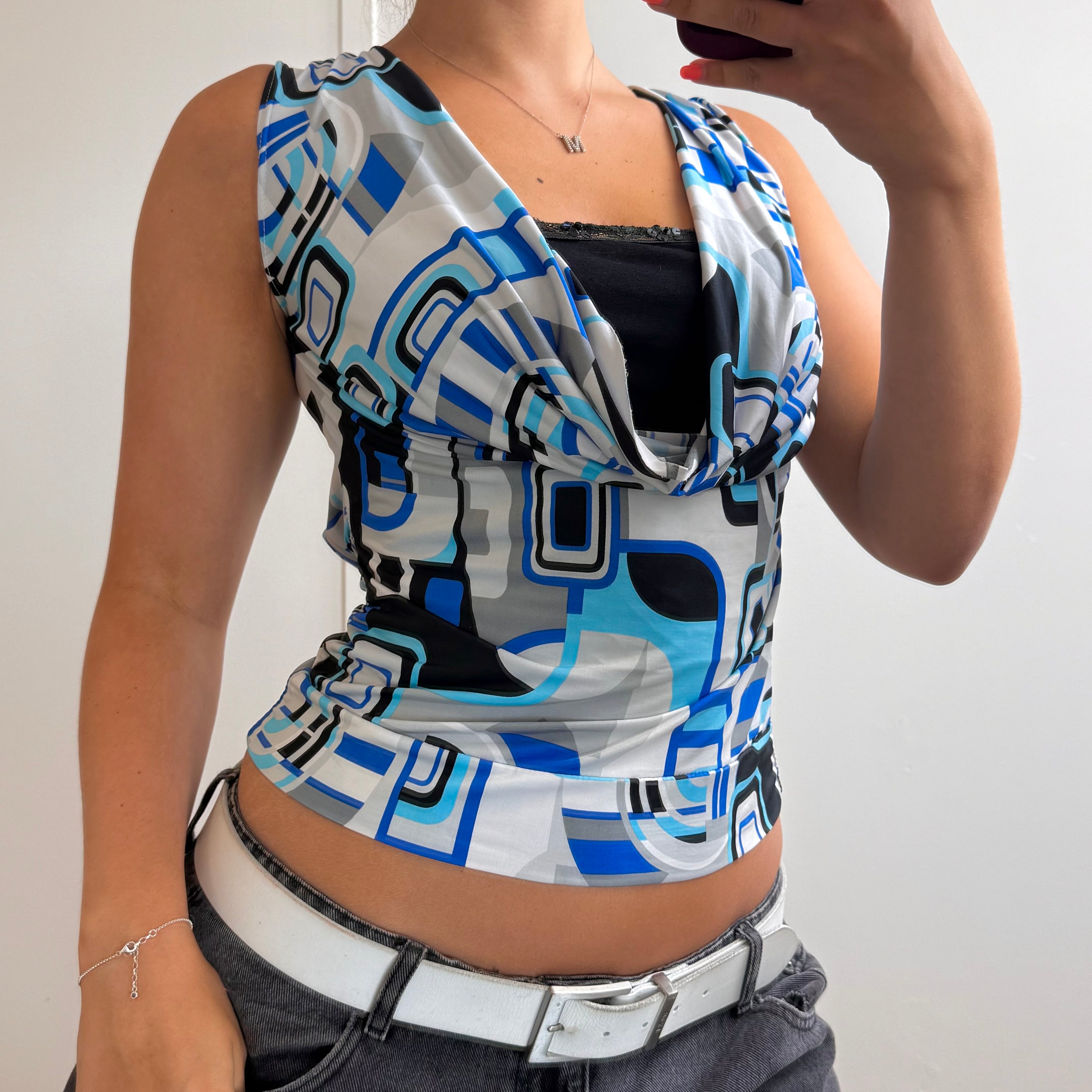 Blue patterned slinky layered cowl neck top