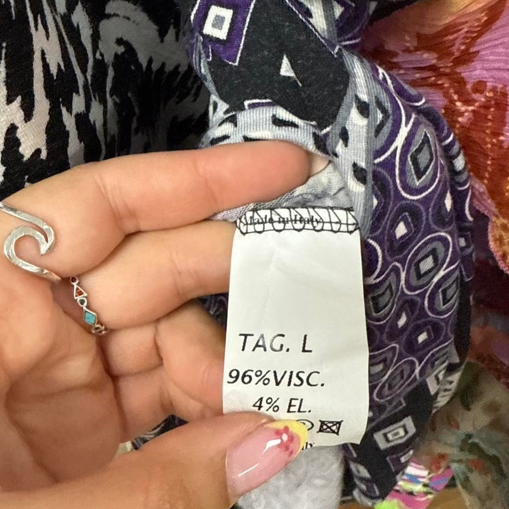 Black and purple patterned cami top with tie back detail