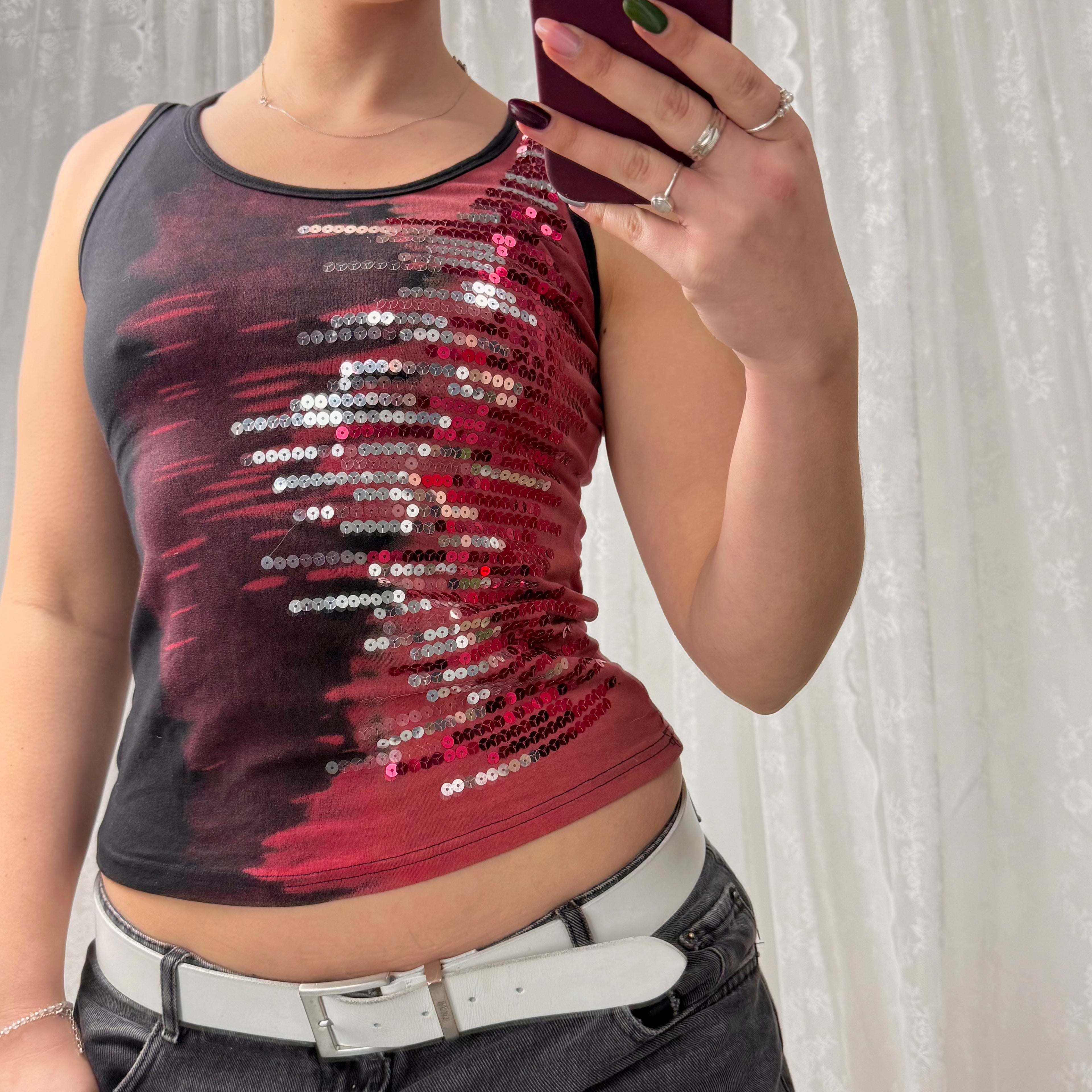 Black and red sequin tank top