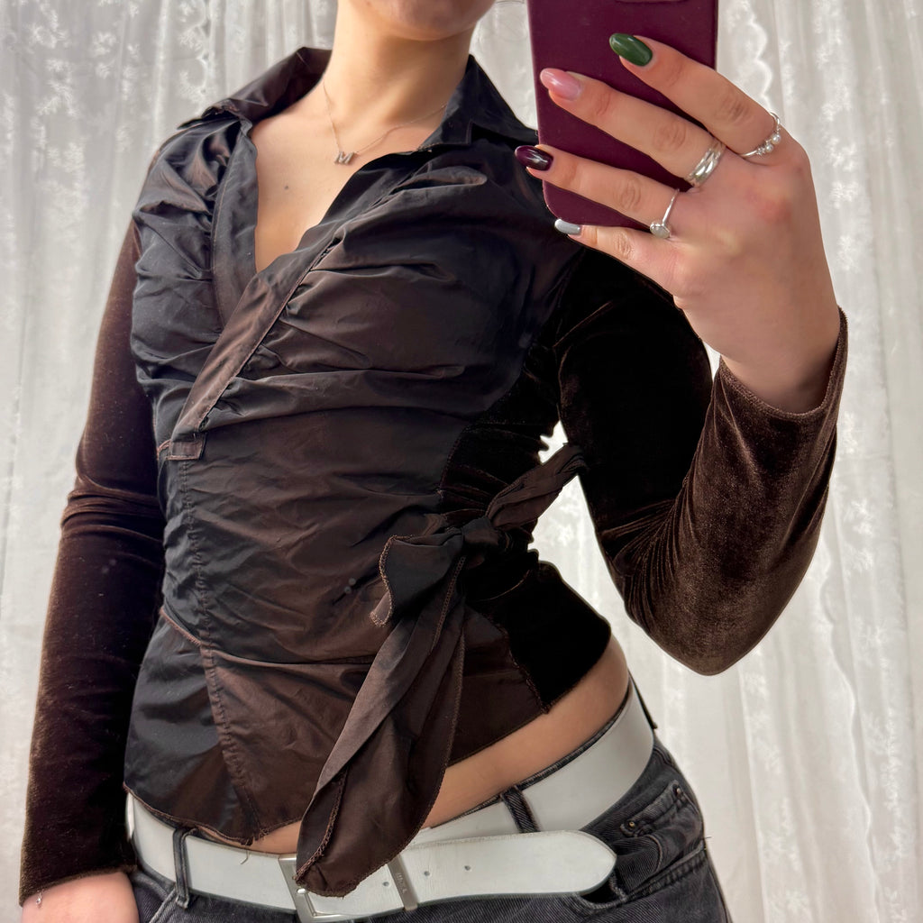 Brown velvet and shiny metallic wrap around shirt