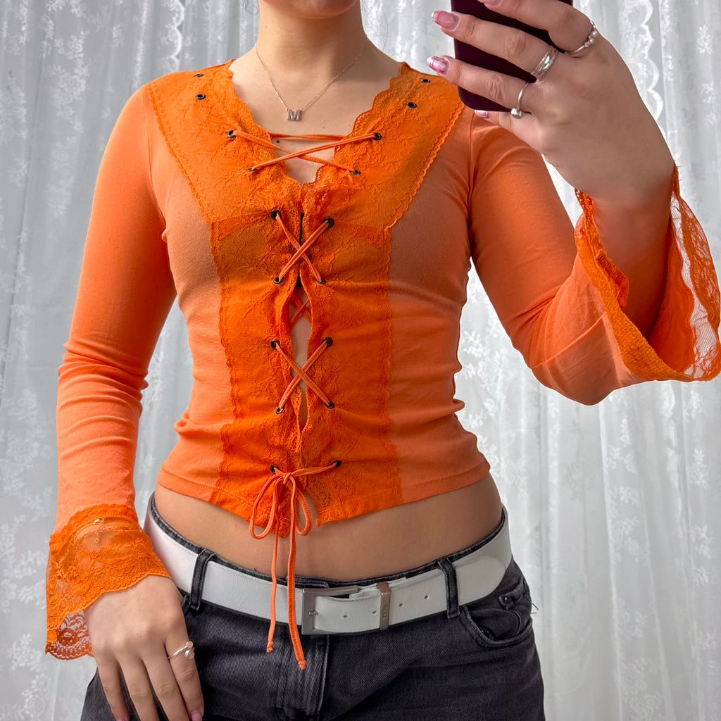 Orange tie up mesh shirt