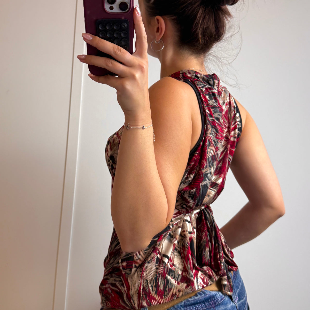 Red and beige slinky cami with tie back