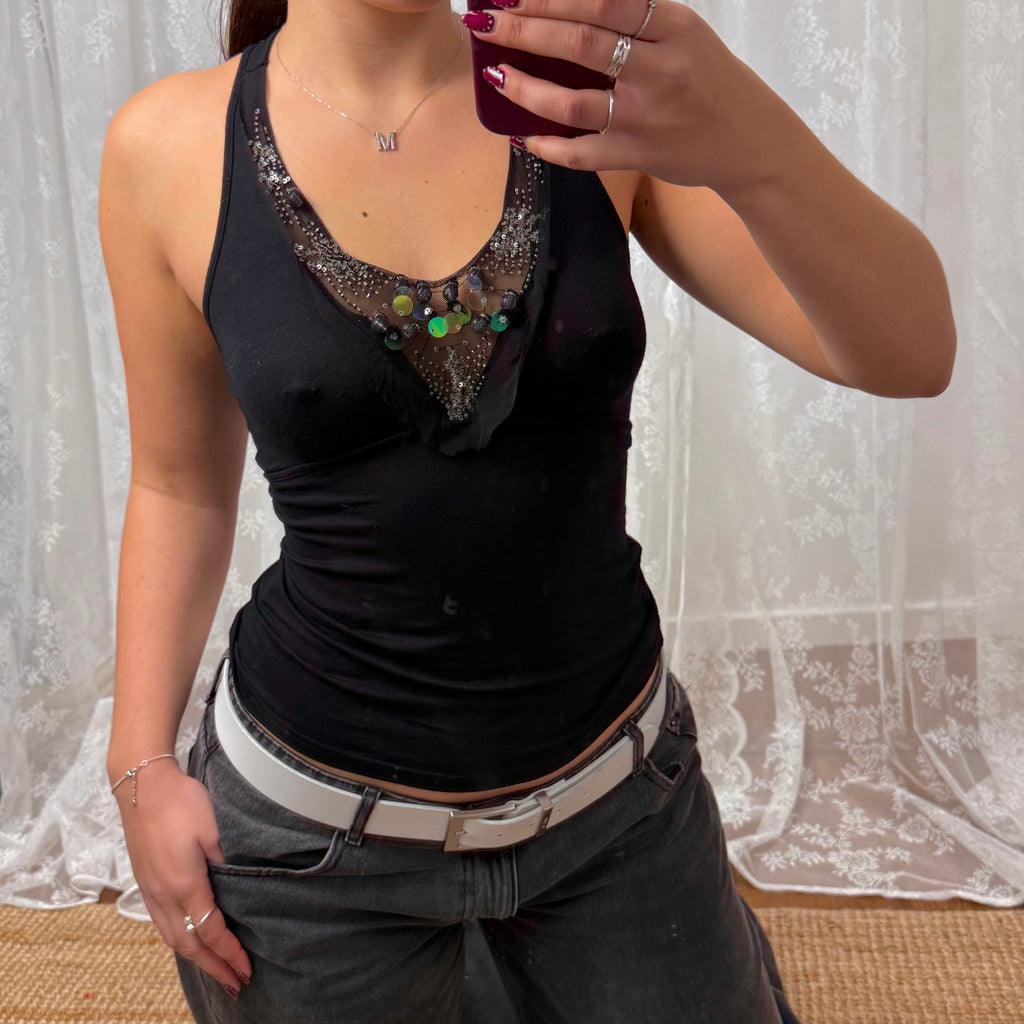 Black beaded cami top with tie back