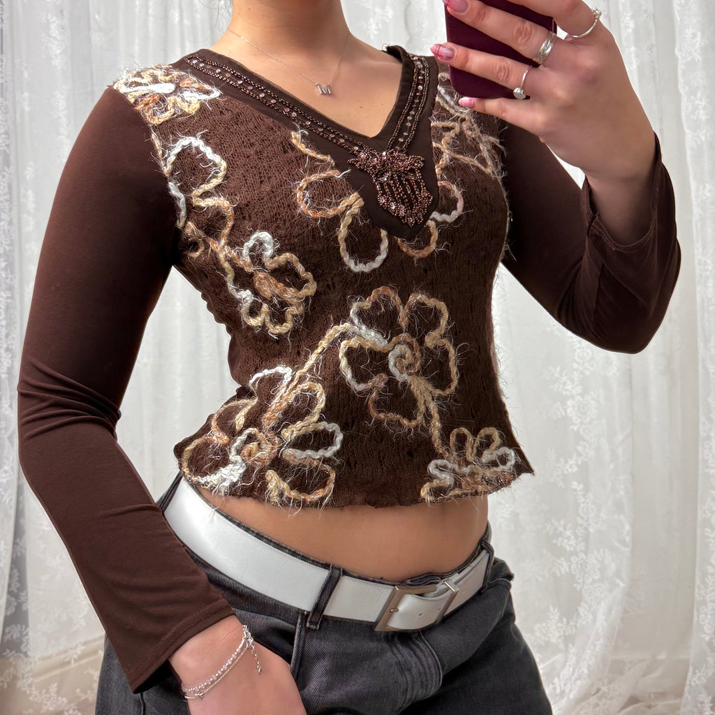 Brown patterned sequin long sleeved top