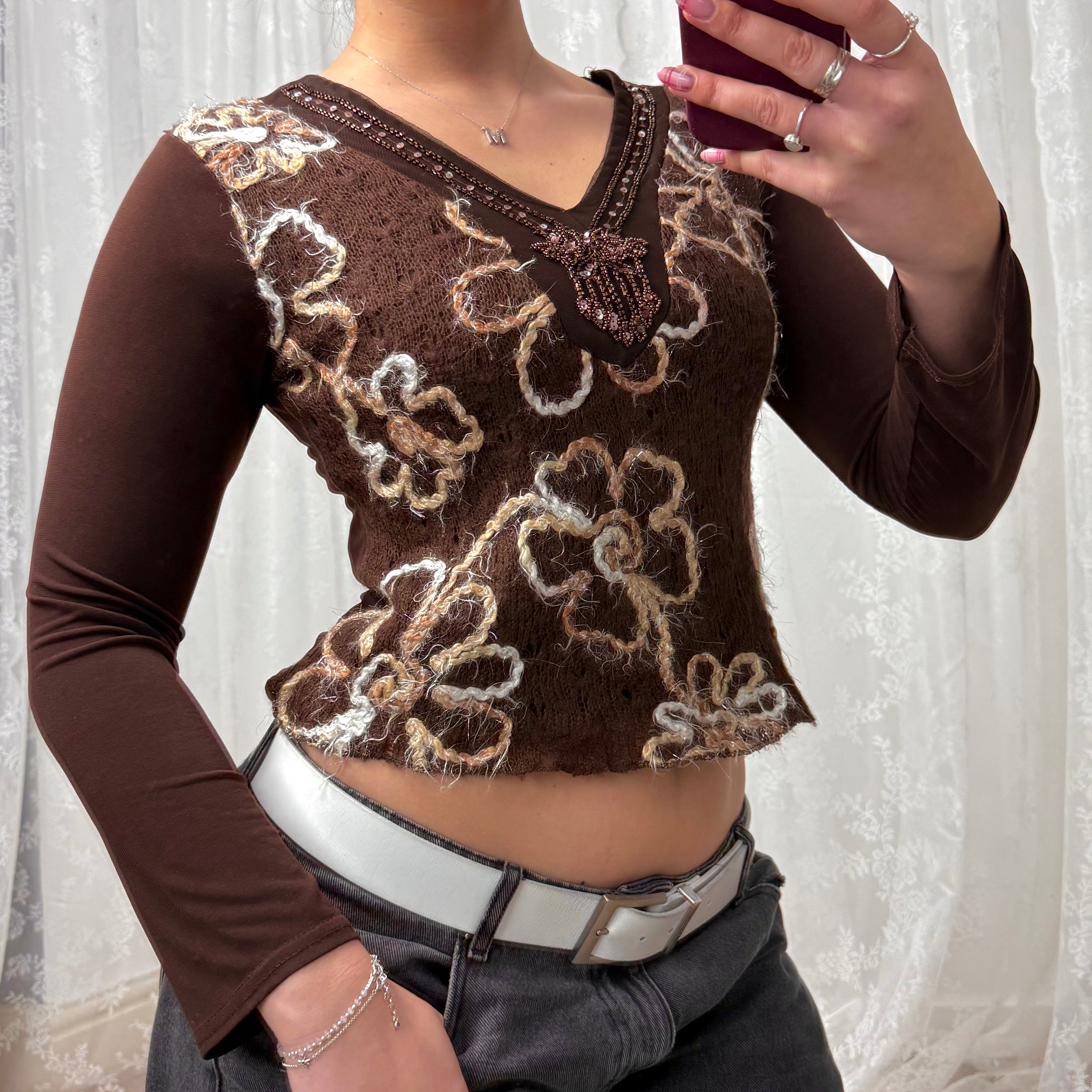 Brown patterned sequin long sleeved top
