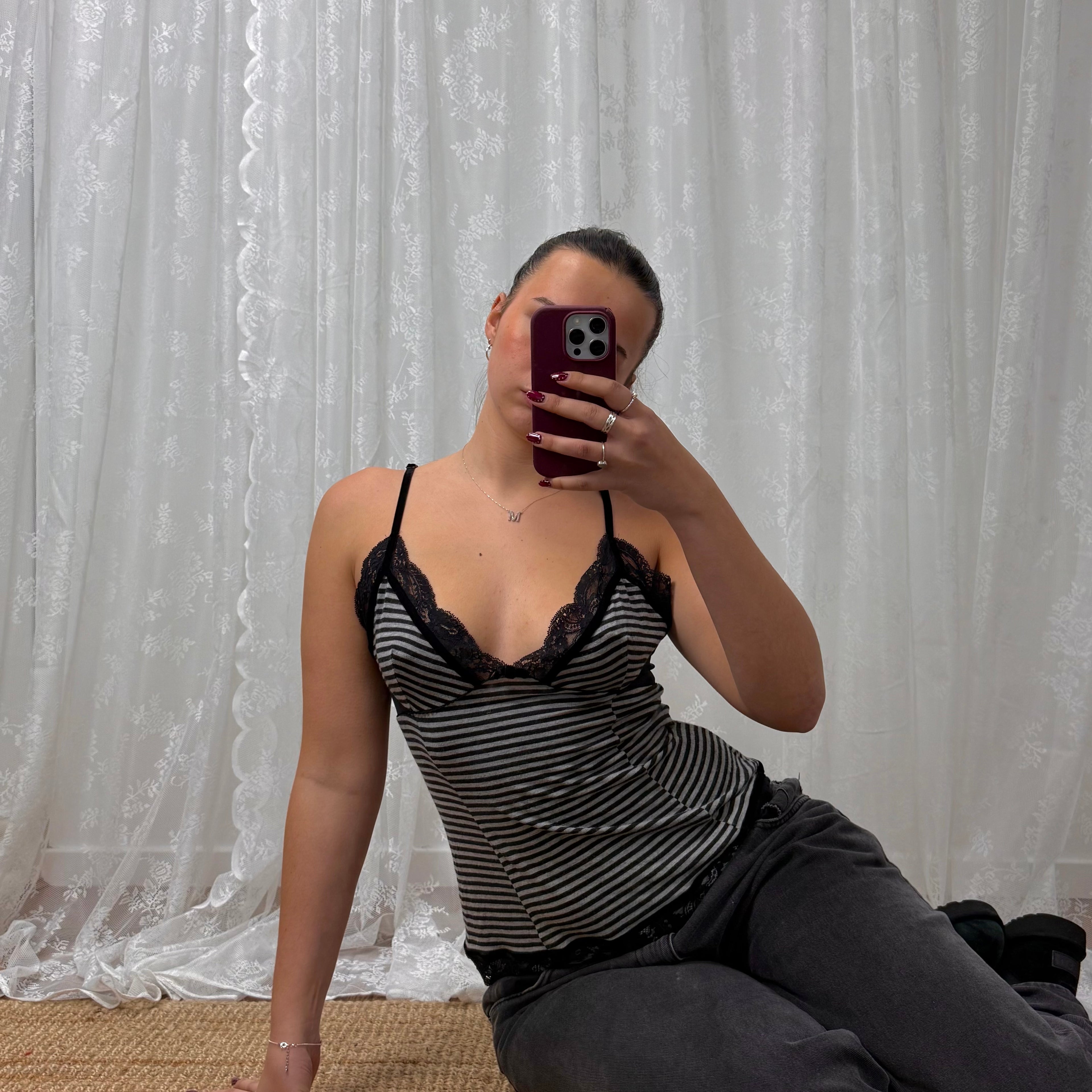 Grey and black striped lace cami top