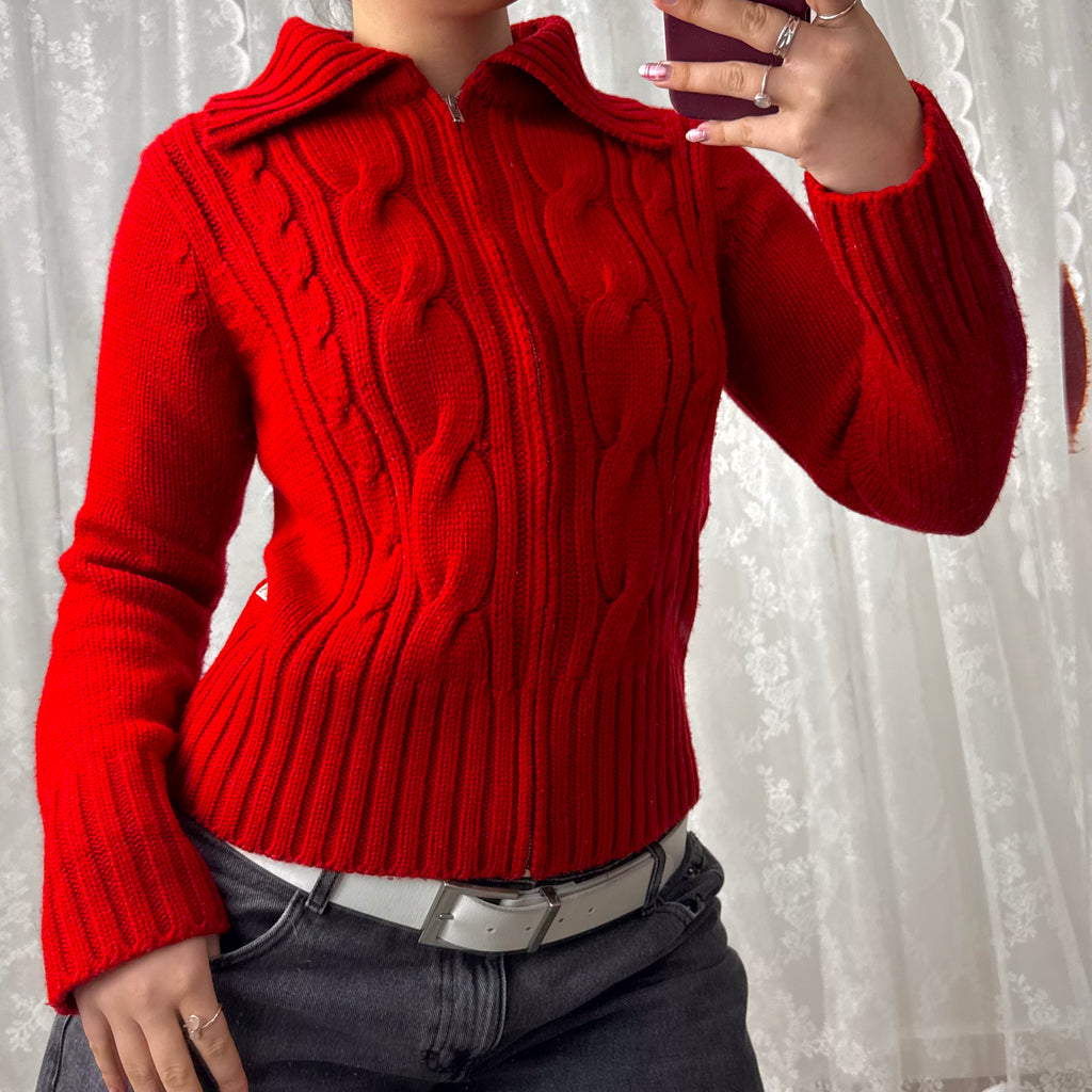 Red knitted zip up sweater