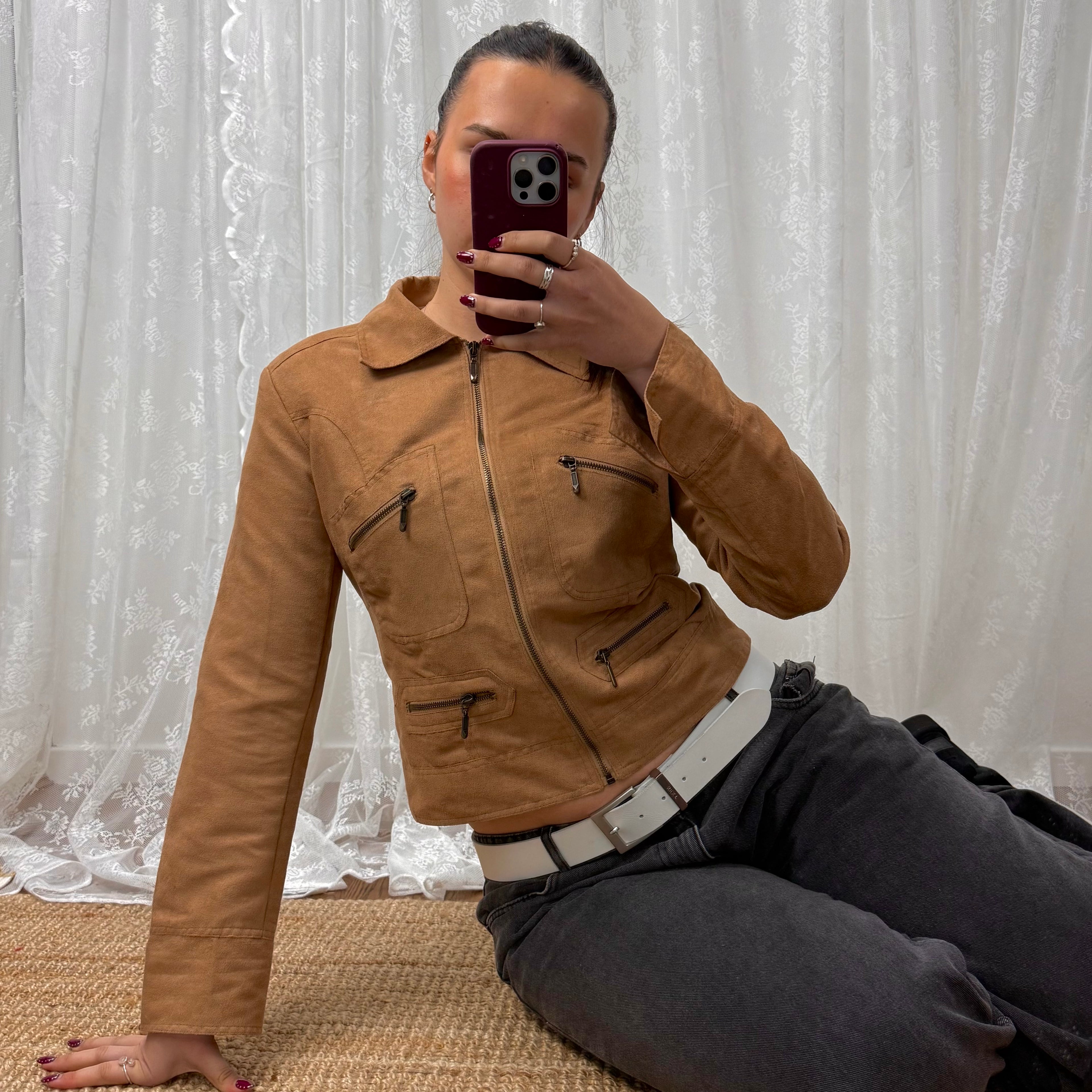 Tan brown suede style jacket with collared detail