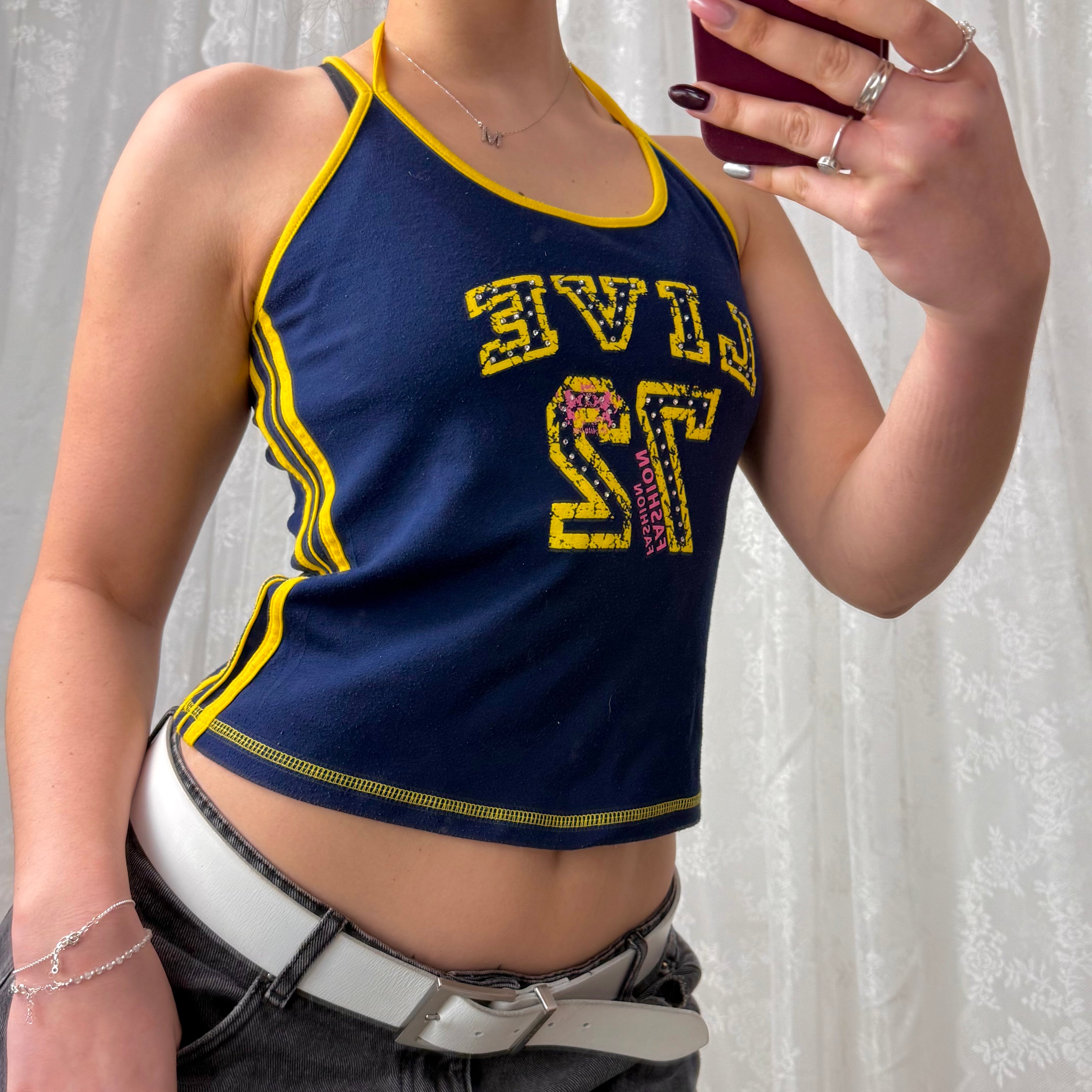Blue and yellow detailed tank top with halterneck detail