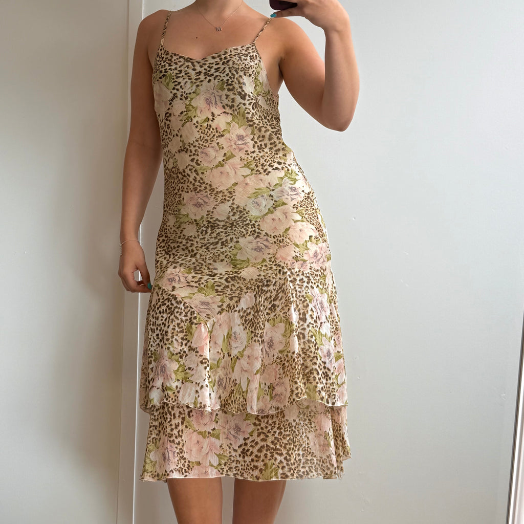 Leopard print and floral mesh tiered midi dress