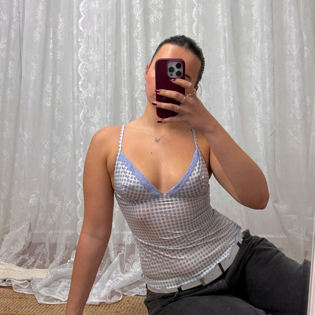 Light blue and white mesh patterned cami top