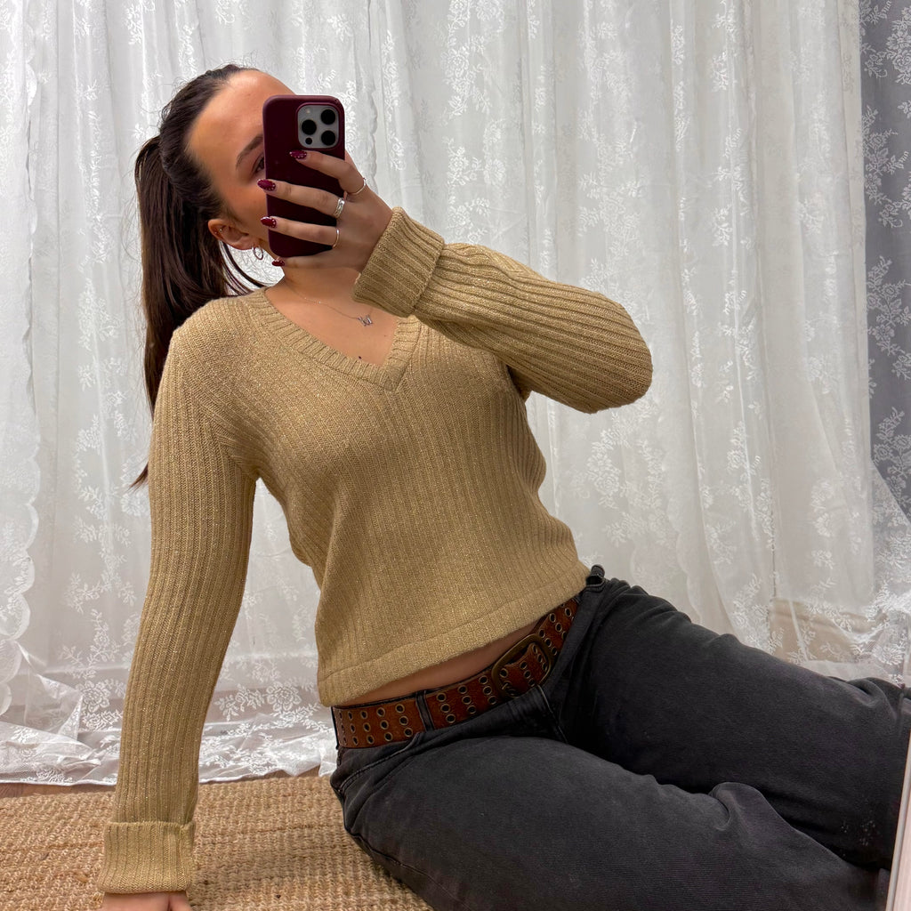Gold glittery v neck sweater