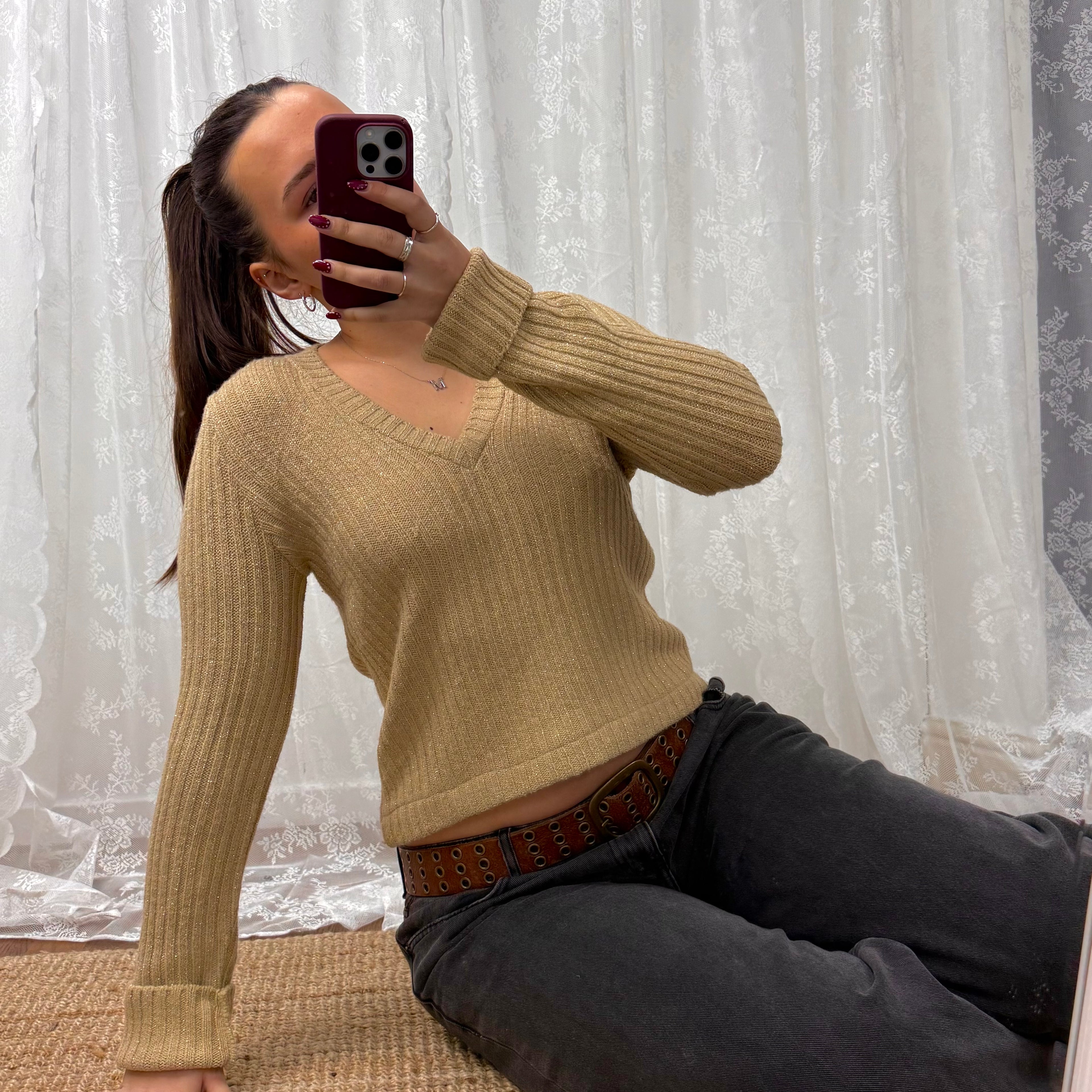 Gold glittery v neck sweater