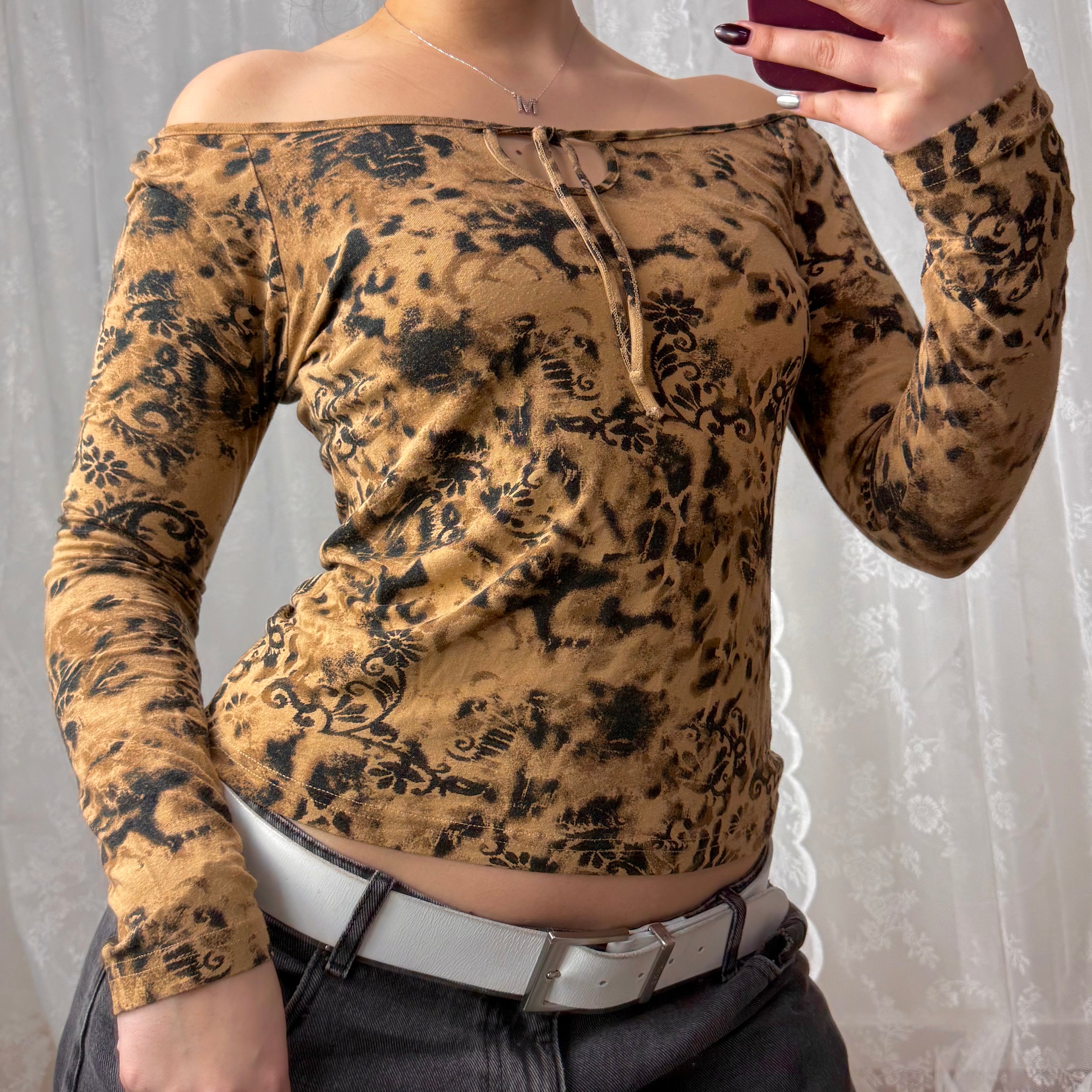 Brown and black off the shoulder top