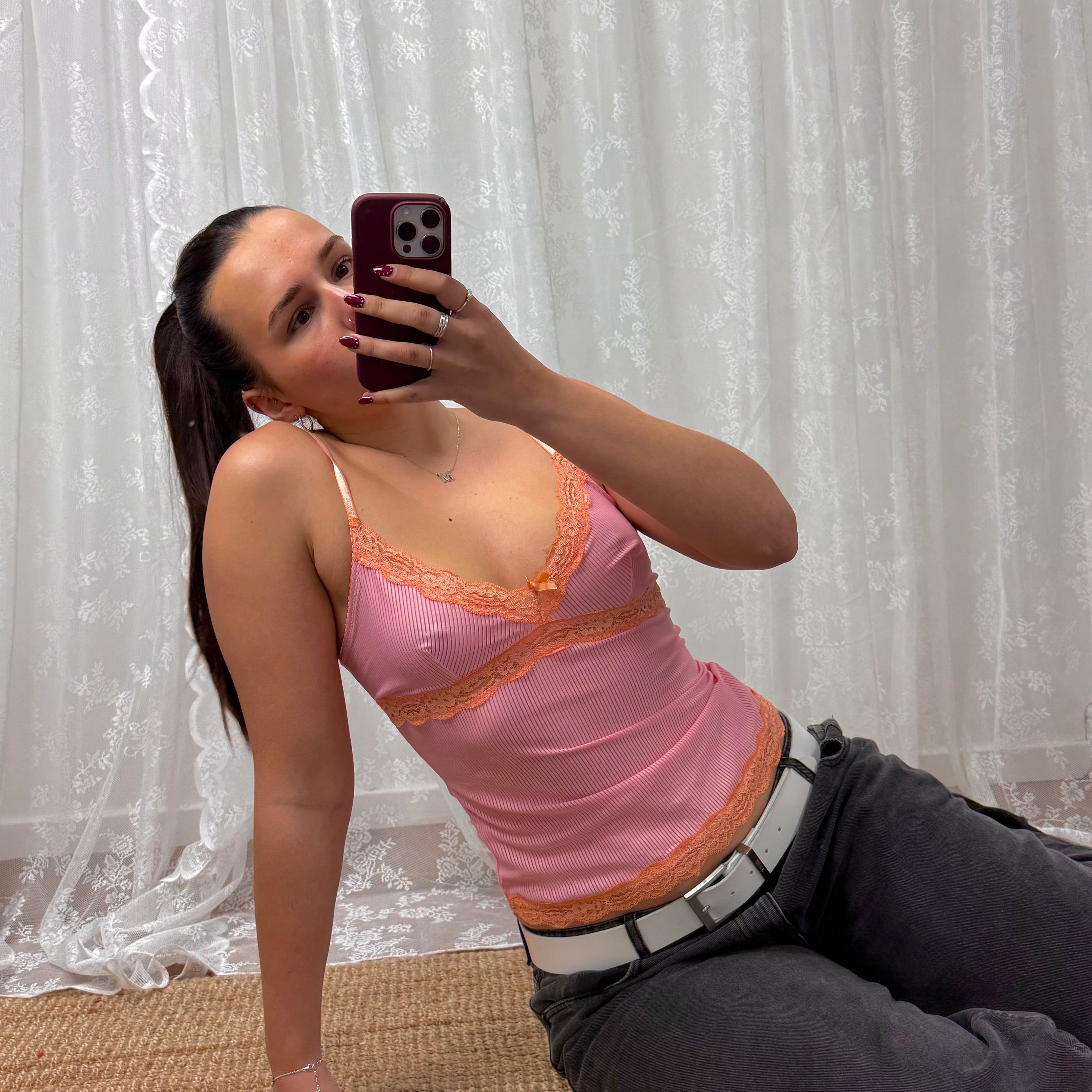 Pink and orange lace cami top