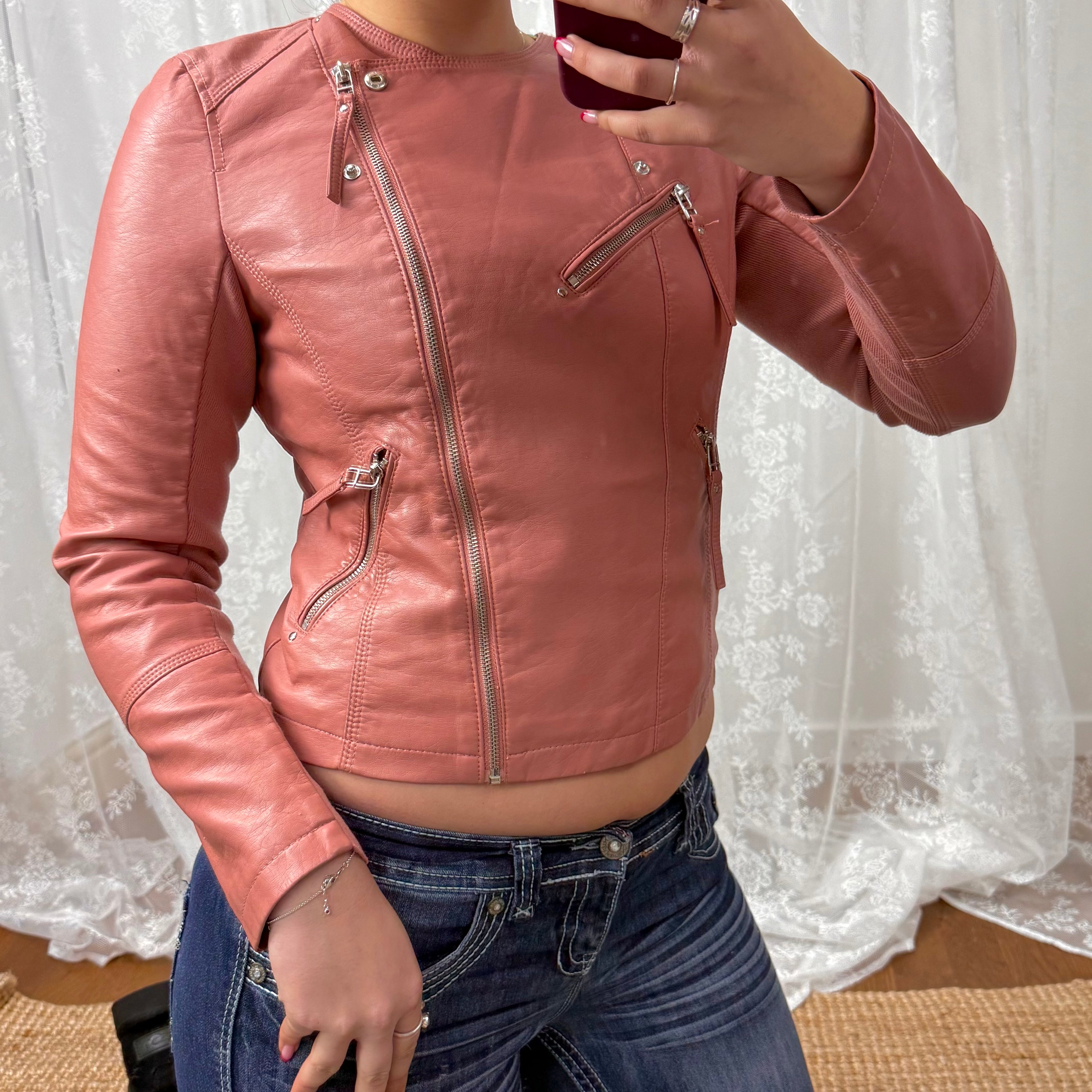 Pink faux leather zip up jacket