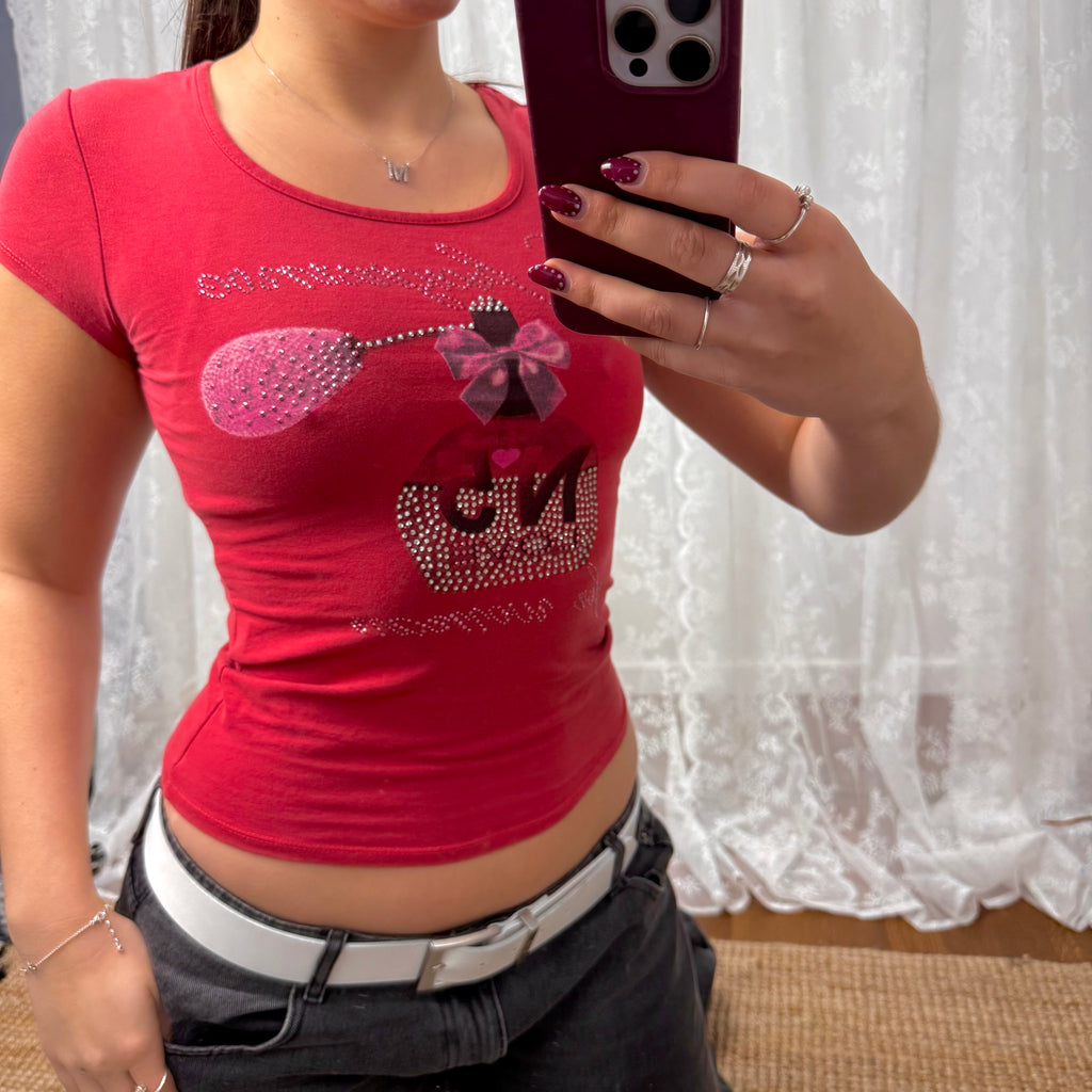 Pink y2k perfume baby tee with rhinestone detailing