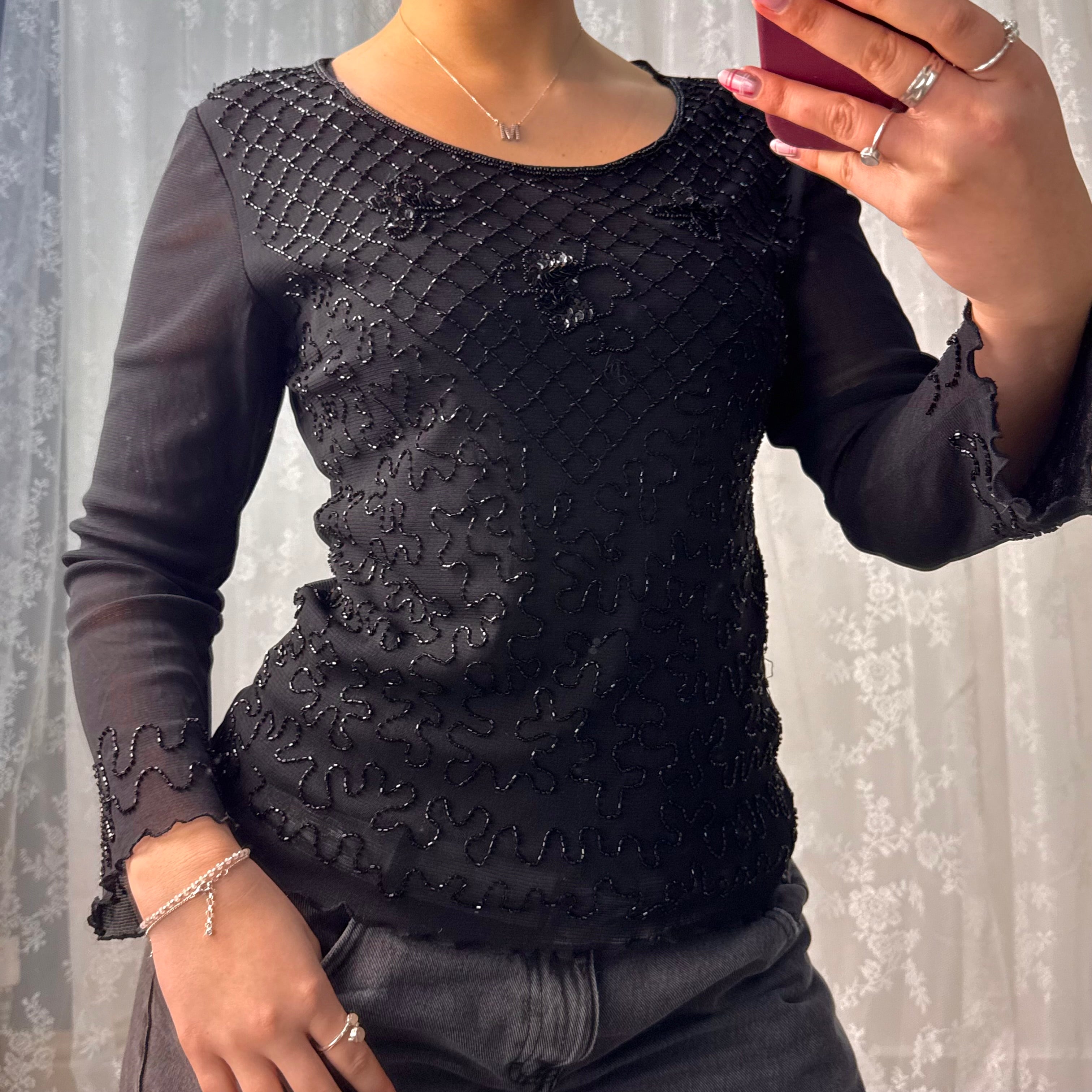 Black beaded long sleeved top