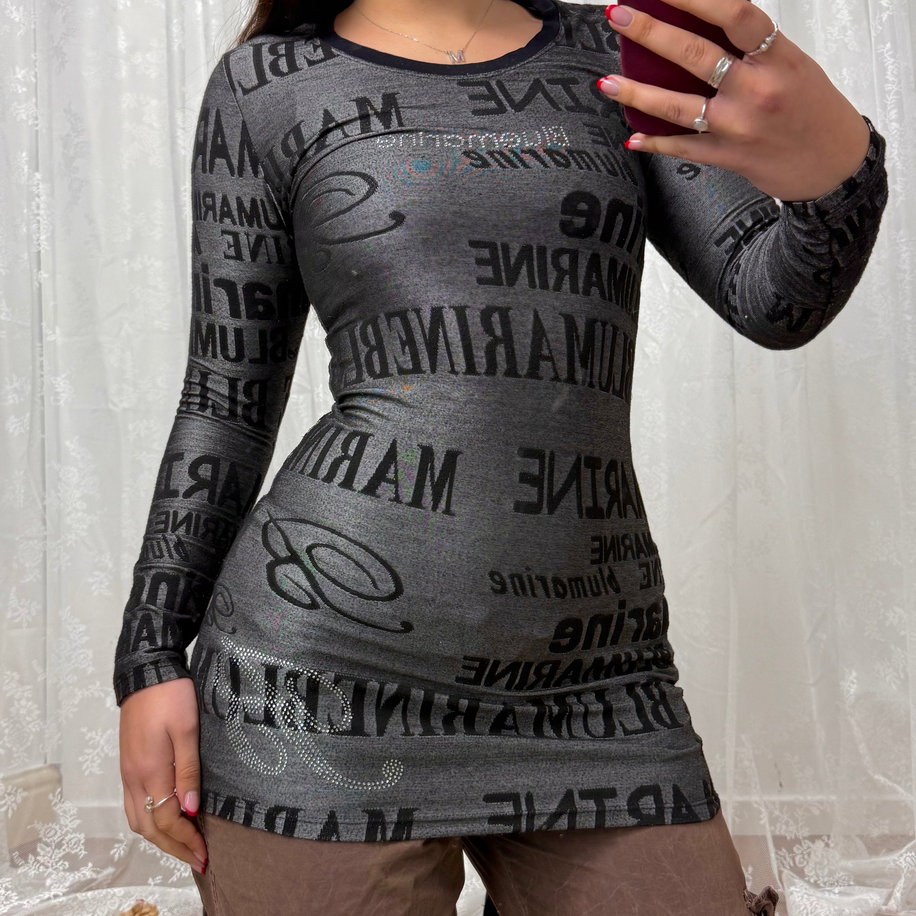 Grey and black logo mini dress with rhinestones